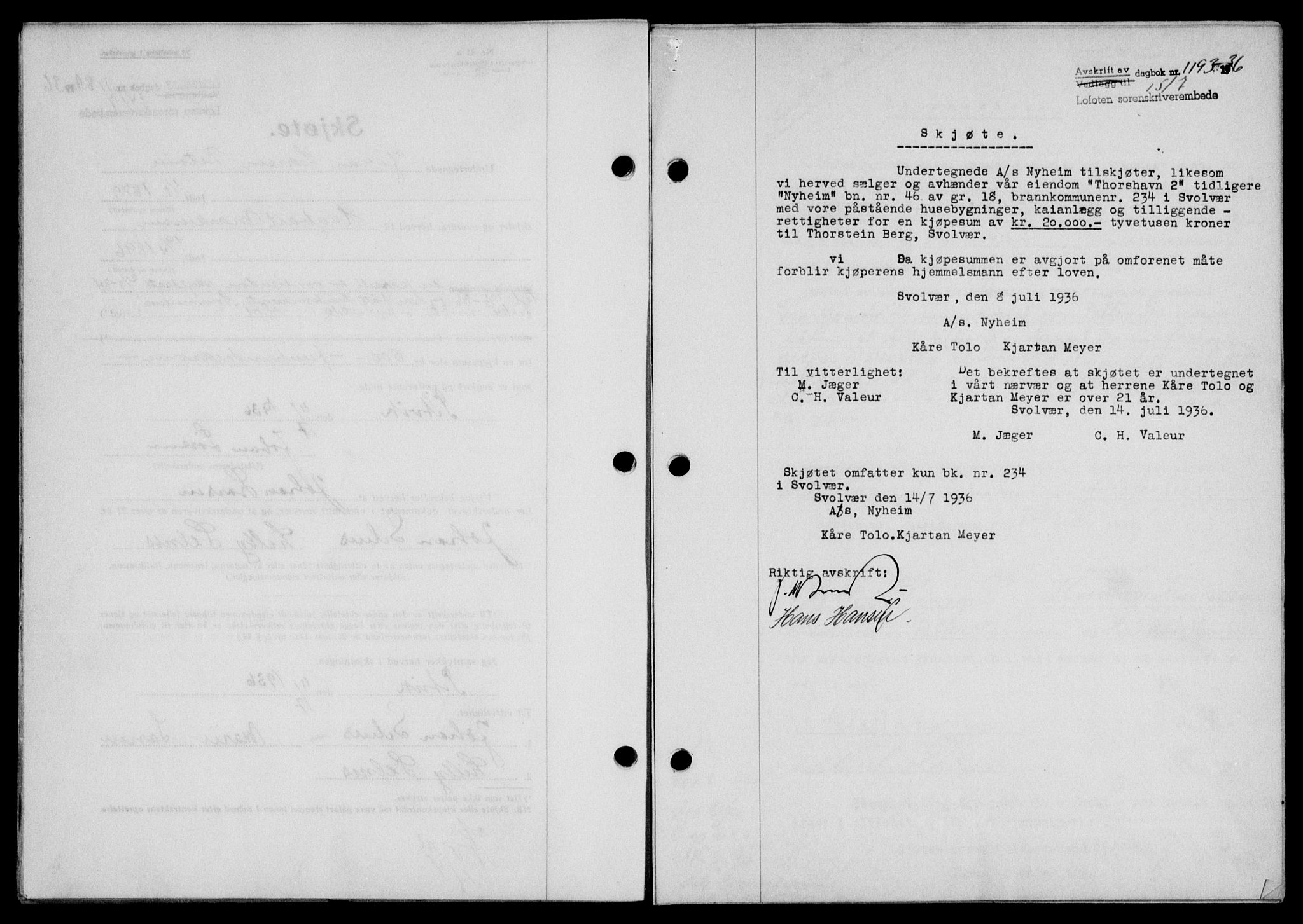 Lofoten sorenskriveri, SAT/A-0017/1/2/2C/L0001a: Mortgage book no. 1a, 1936-1937, Diary no: : 1193/1936