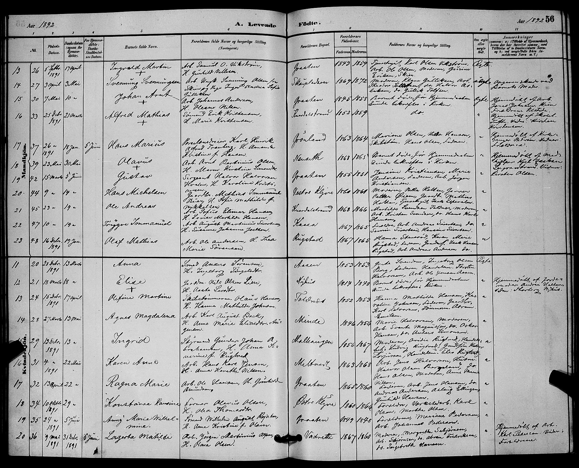 Solum kirkebøker, SAKO/A-306/G/Ga/L0007: Parish register (copy) no. I 7, 1884-1898, p. 56