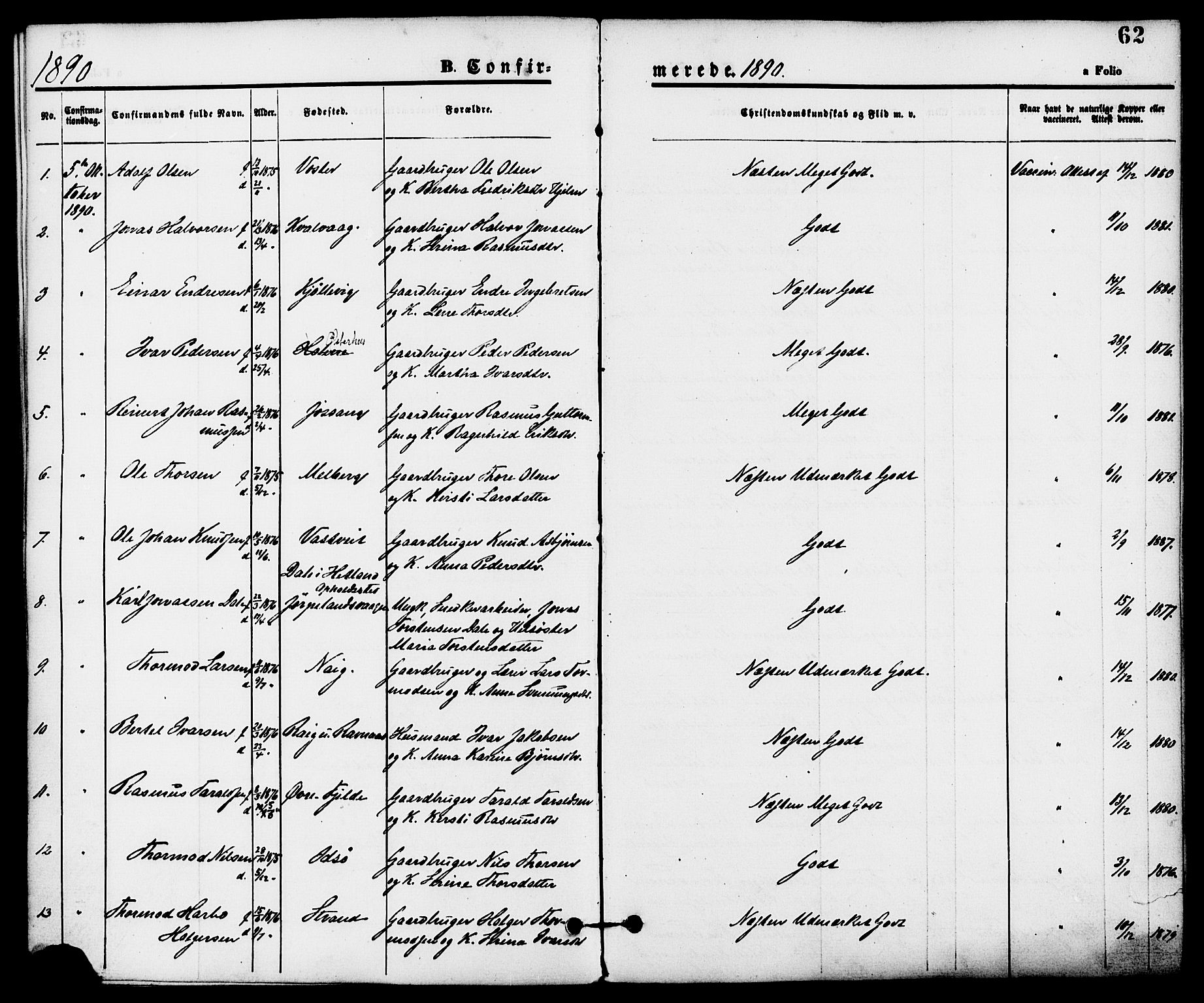 Strand sokneprestkontor, SAST/A-101828/H/Ha/Haa/L0008: Parish register (official) no. A 8, 1874-1907, p. 62
