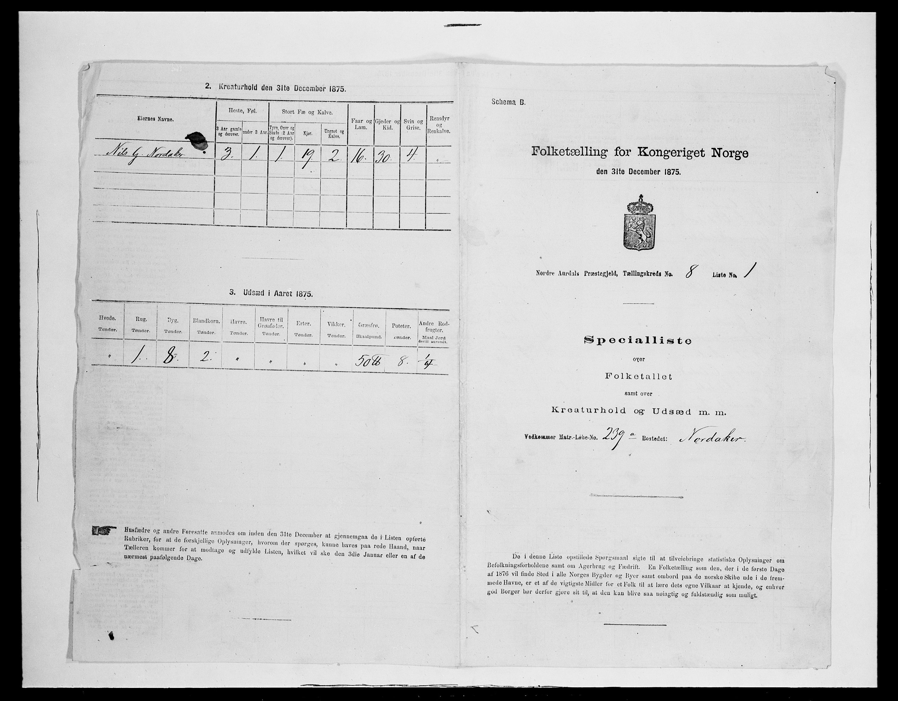 SAH, 1875 census for 0542P Nord-Aurdal, 1875, p. 1280