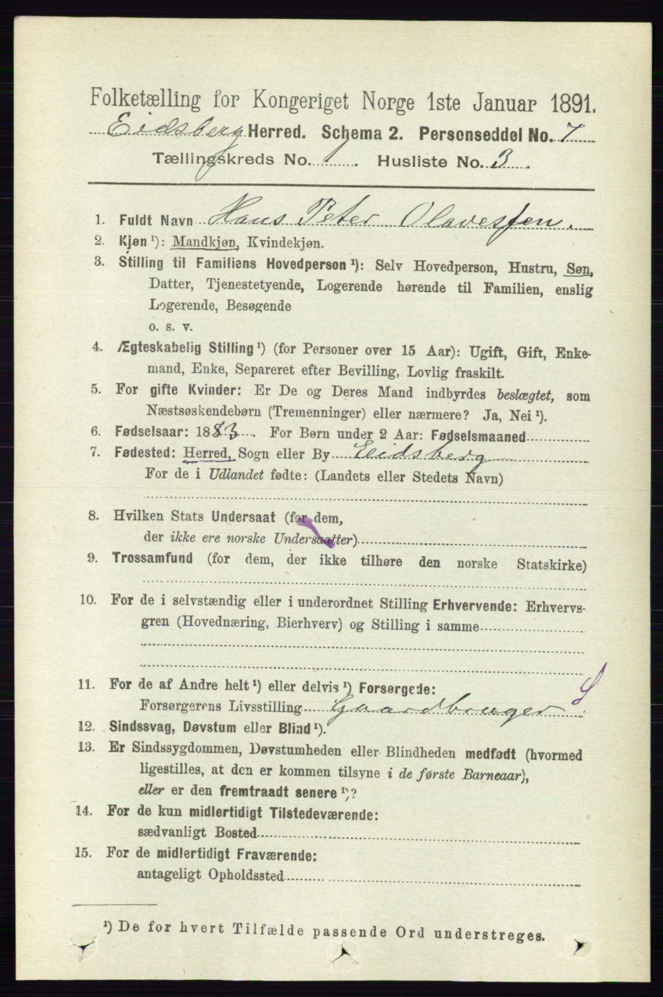 RA, 1891 census for 0125 Eidsberg, 1891, p. 158