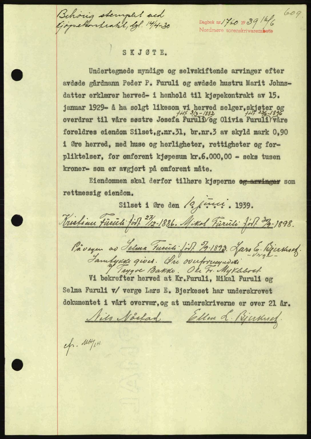 Nordmøre sorenskriveri, SAT/A-4132/1/2/2Ca: Mortgage book no. A86, 1939-1939, Diary no: : 1760/1939