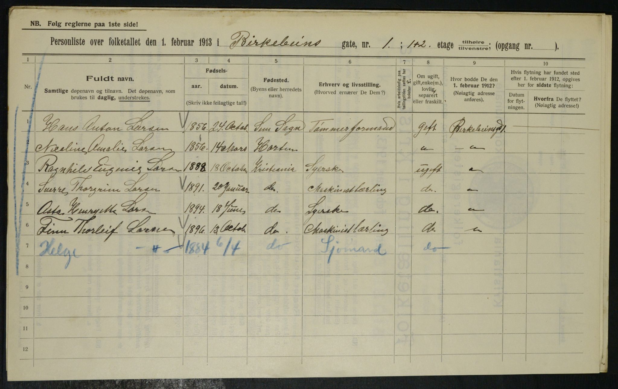 OBA, Municipal Census 1913 for Kristiania, 1913, p. 4762