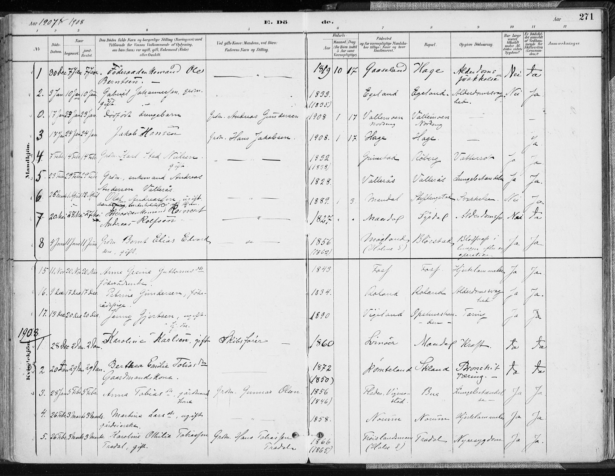 Sør-Audnedal sokneprestkontor, AV/SAK-1111-0039/F/Fa/Fab/L0010: Parish register (official) no. A 10, 1892-1913, p. 271