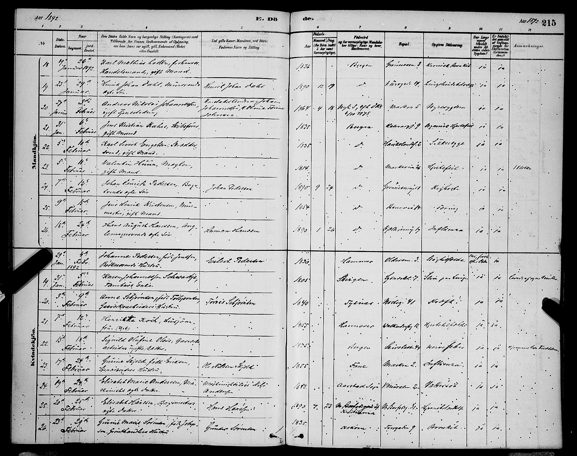 Domkirken sokneprestembete, AV/SAB-A-74801/H/Hab/L0041: Parish register (copy) no. E 5, 1878-1900, p. 215