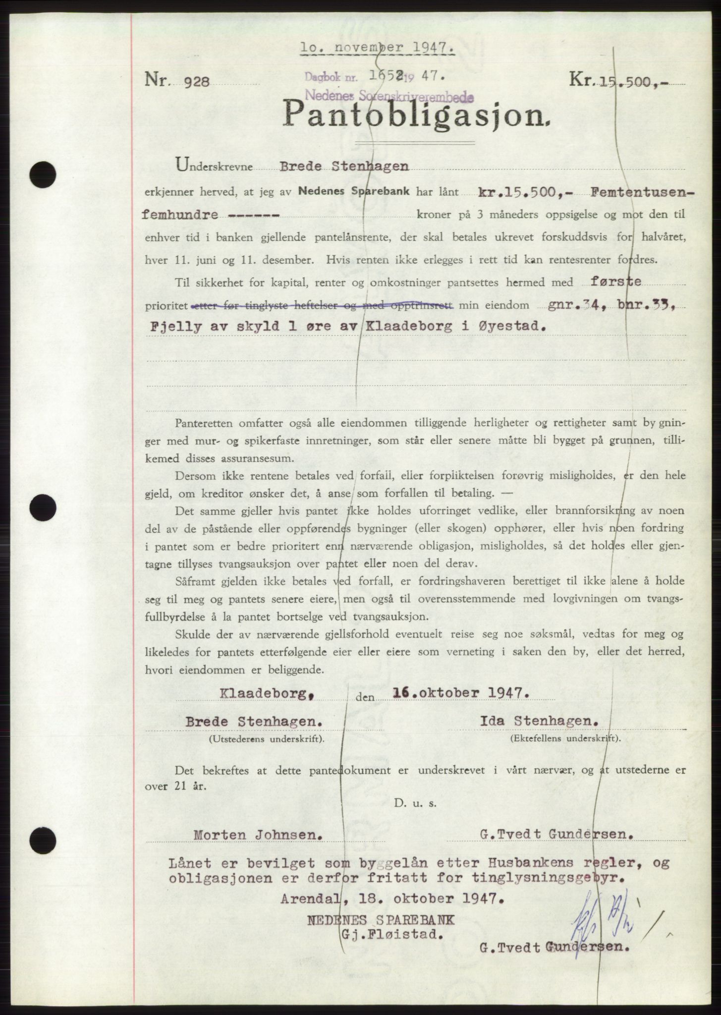 Nedenes sorenskriveri, AV/SAK-1221-0006/G/Gb/Gbb/L0004: Mortgage book no. B4, 1947-1947, Diary no: : 1652/1947