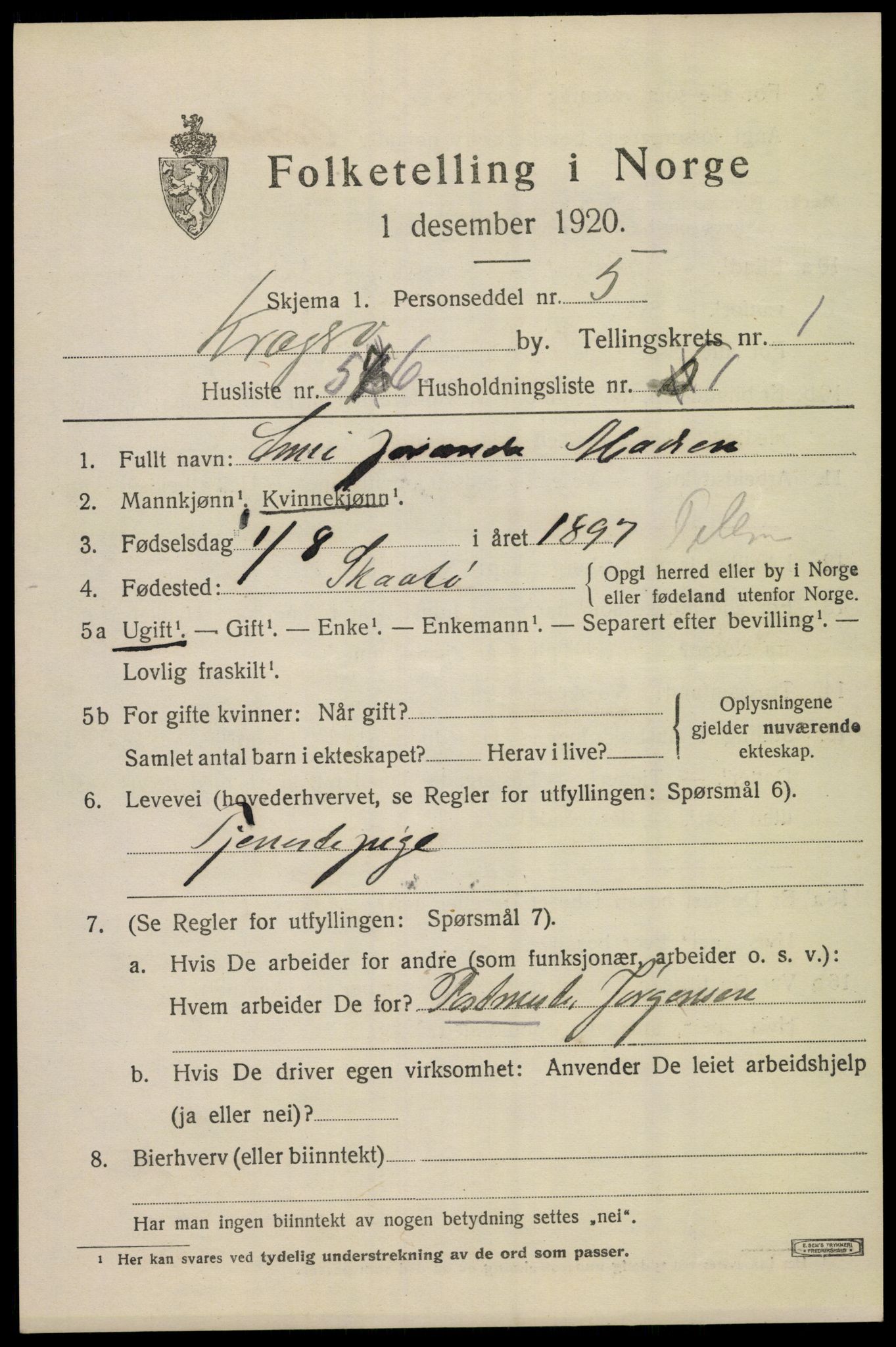SAKO, 1920 census for Kragerø, 1920, p. 4903