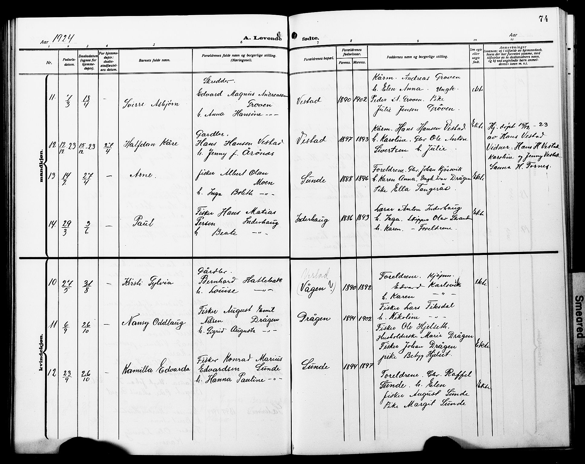 Ministerialprotokoller, klokkerbøker og fødselsregistre - Møre og Romsdal, AV/SAT-A-1454/566/L0774: Parish register (copy) no. 566C03, 1910-1929, p. 74