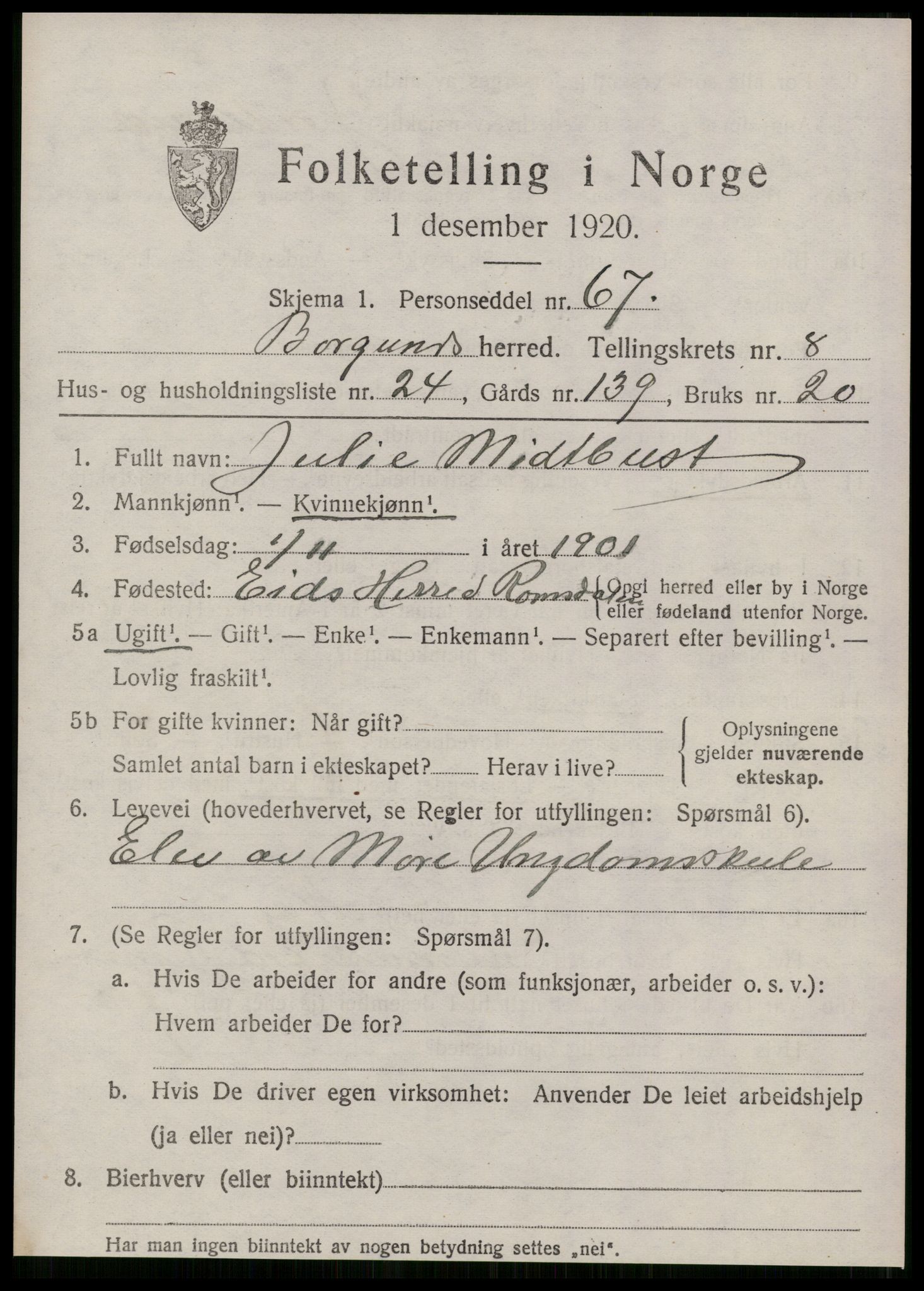 SAT, 1920 census for Borgund, 1920, p. 7796