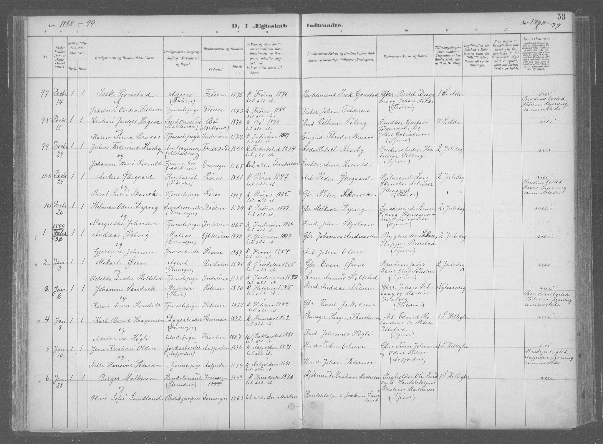Ministerialprotokoller, klokkerbøker og fødselsregistre - Sør-Trøndelag, SAT/A-1456/601/L0064: Parish register (official) no. 601A31, 1891-1911, p. 53