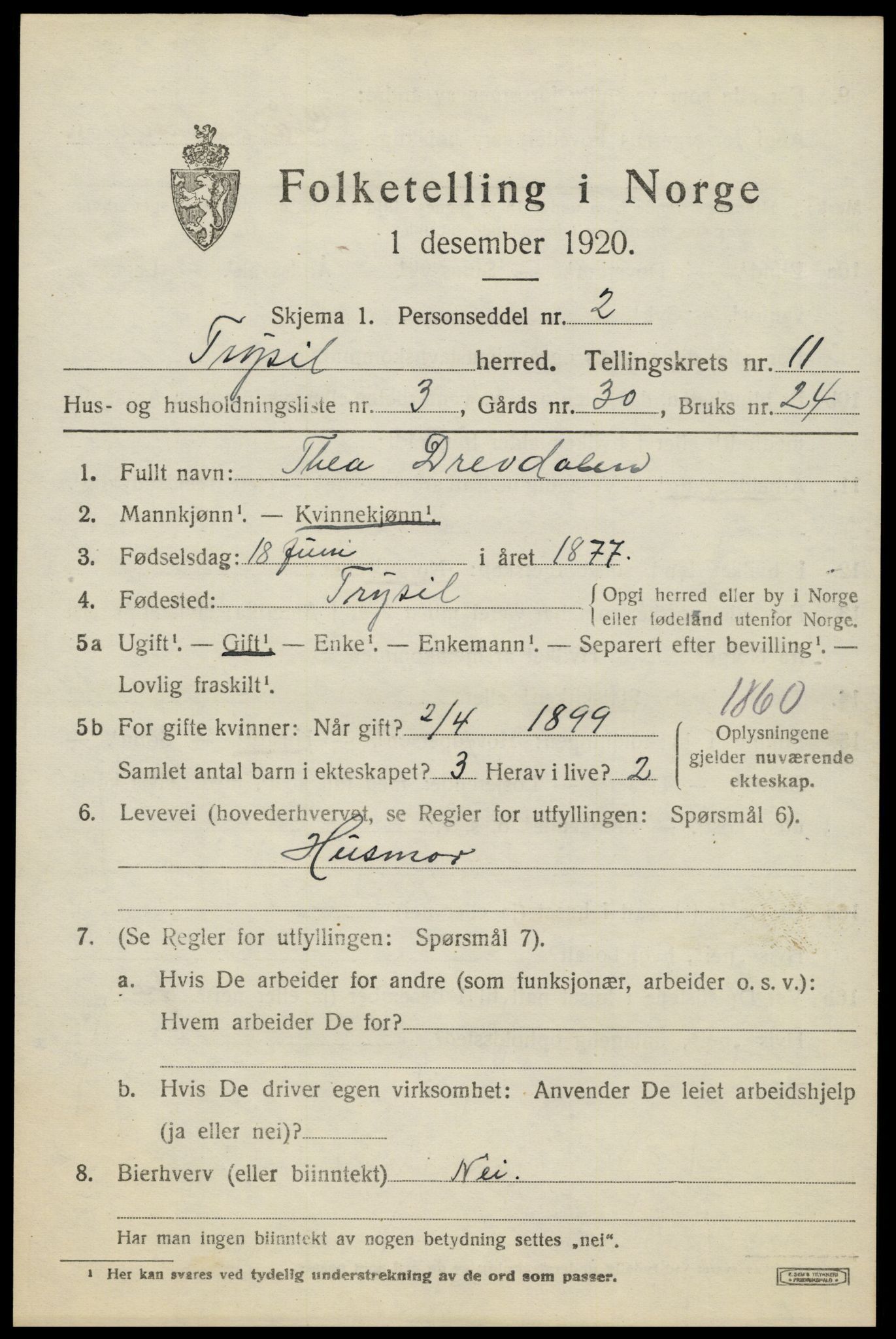 SAH, 1920 census for Trysil, 1920, p. 6989
