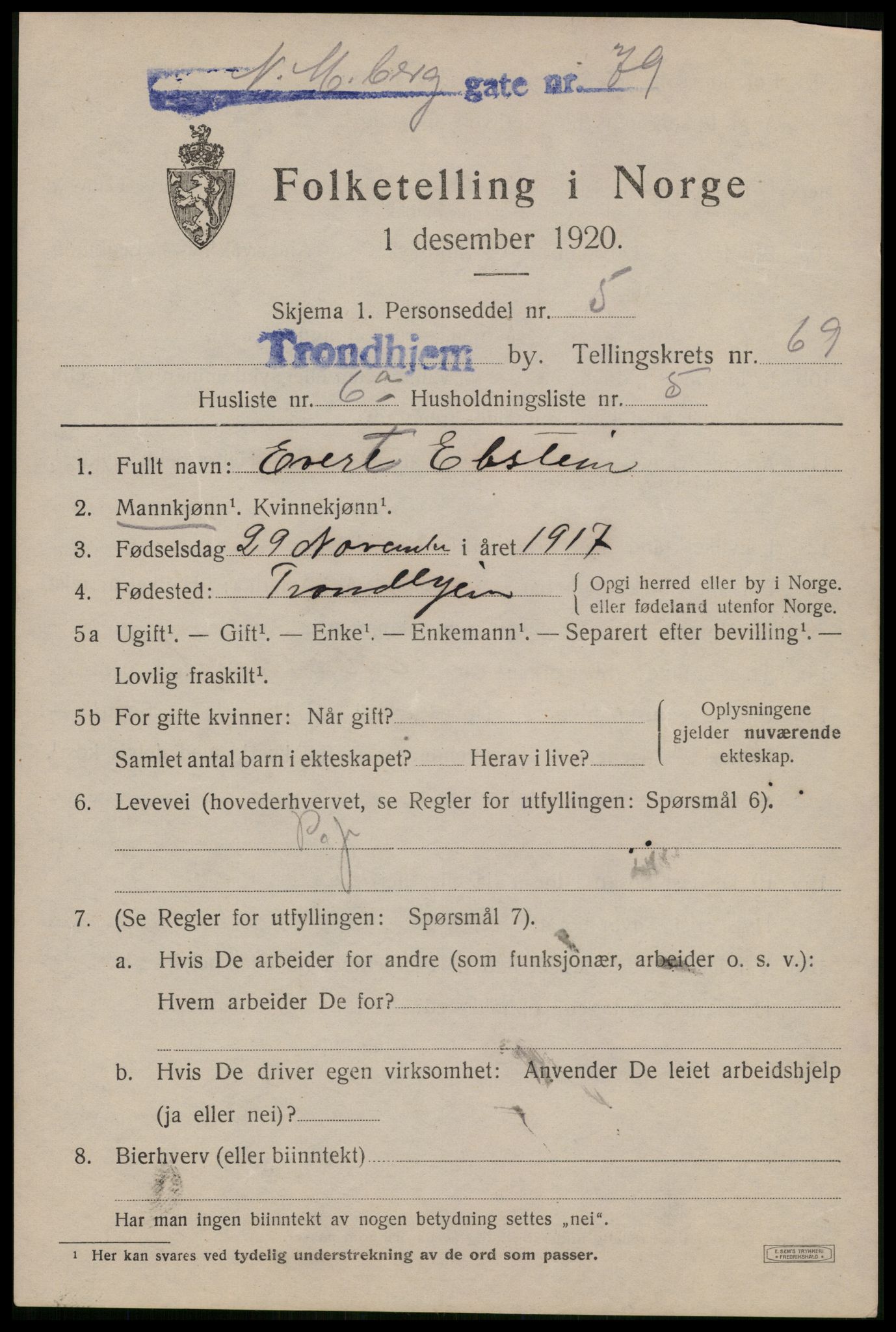 SAT, 1920 census for Trondheim, 1920, p. 136456