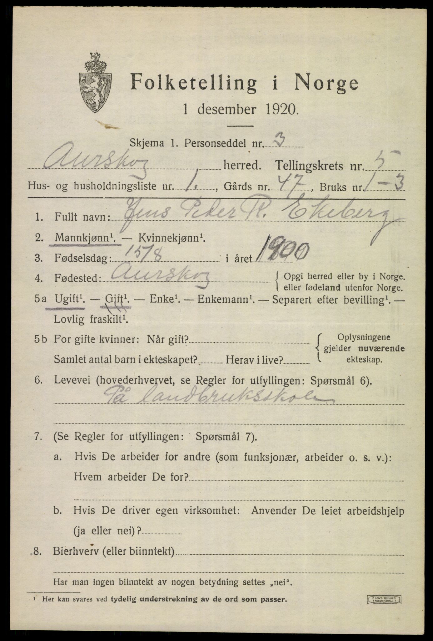 SAO, 1920 census for Aurskog, 1920, p. 6526