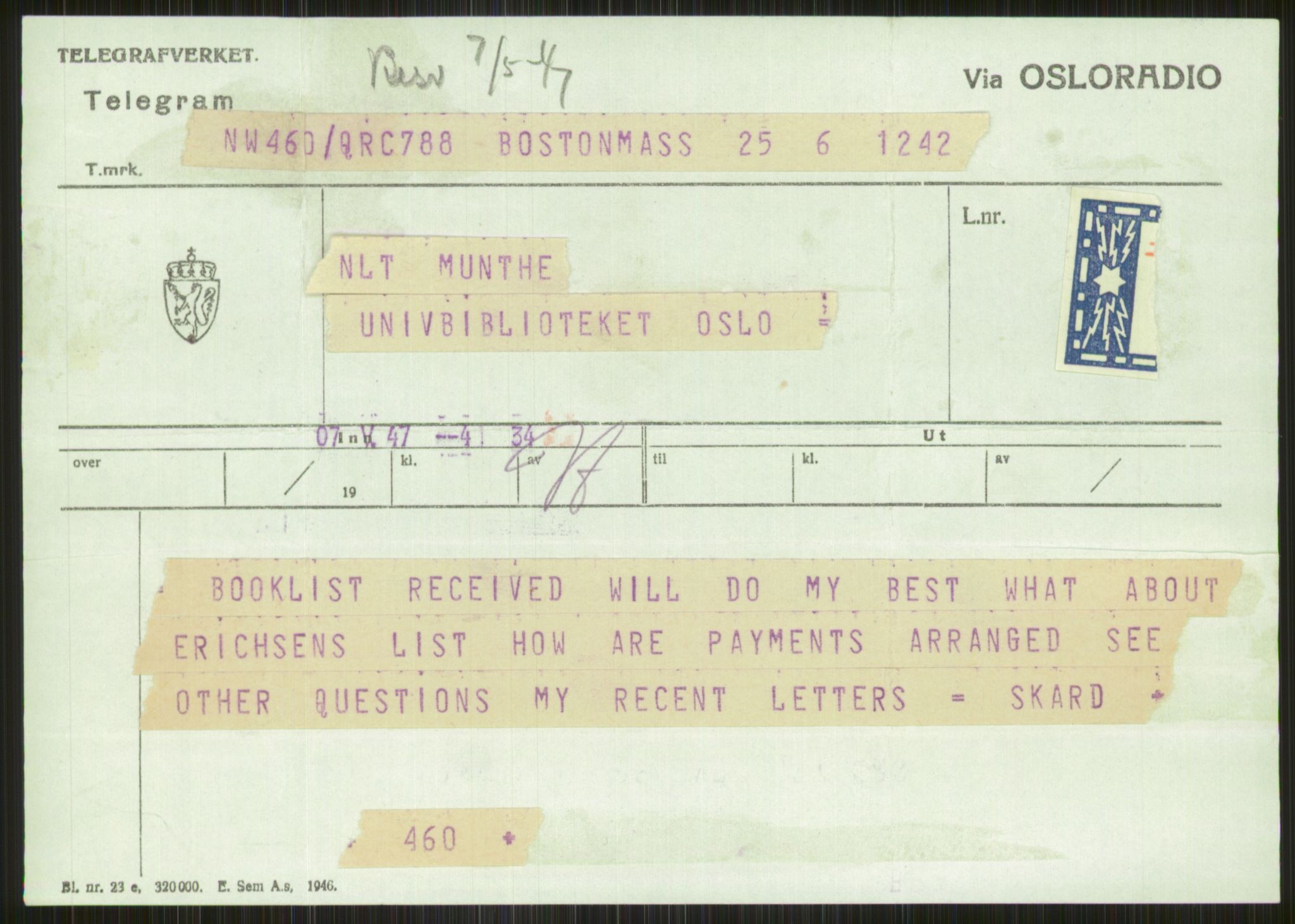 Universitetsbiblioteket i Oslo, AV/RA-S-4102/D/De/L0002: --, 1918-1950, p. 489