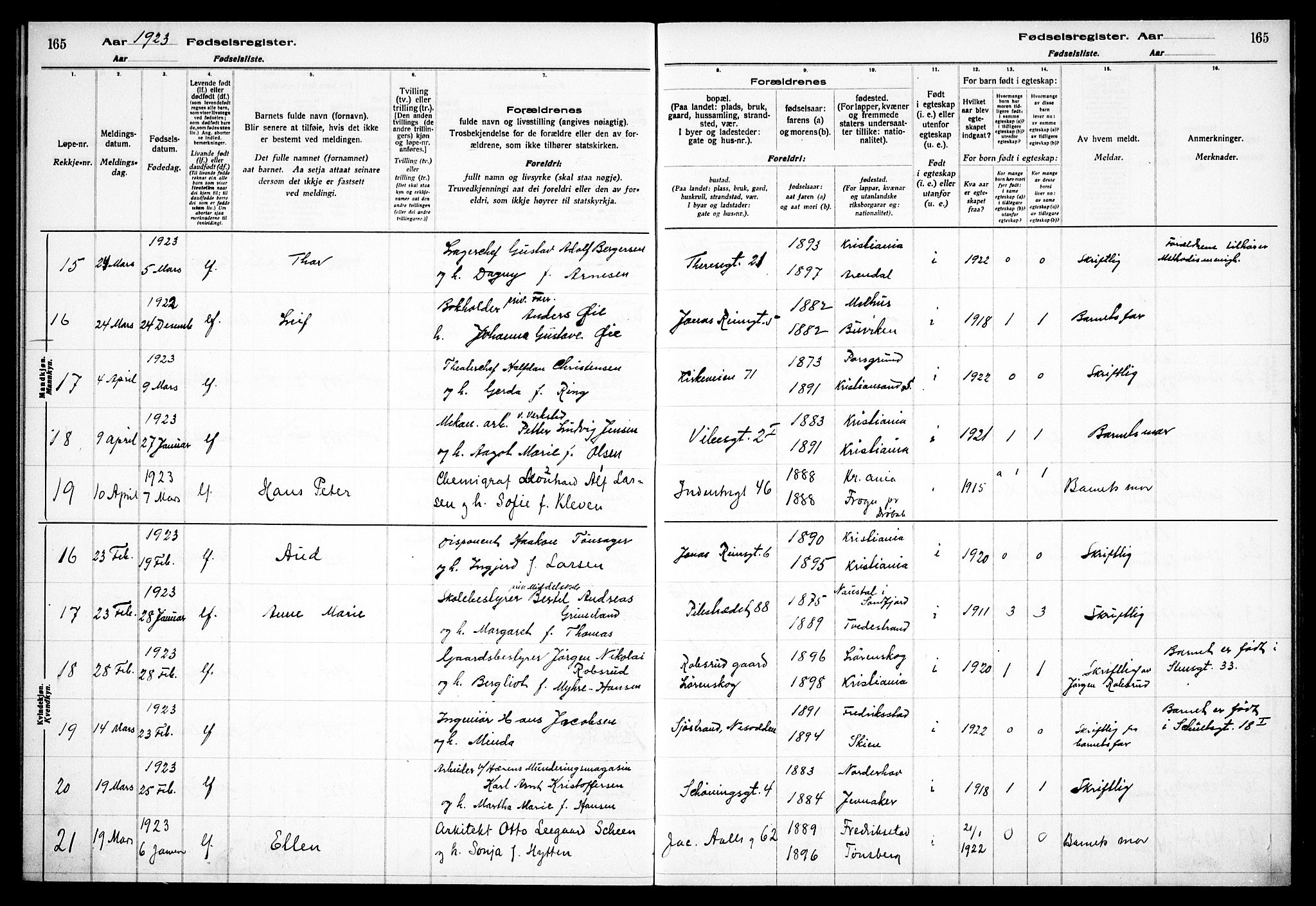 Fagerborg prestekontor Kirkebøker, AV/SAO-A-10844/J/Ja/L0001: Birth register no. 1, 1916-1925, p. 165