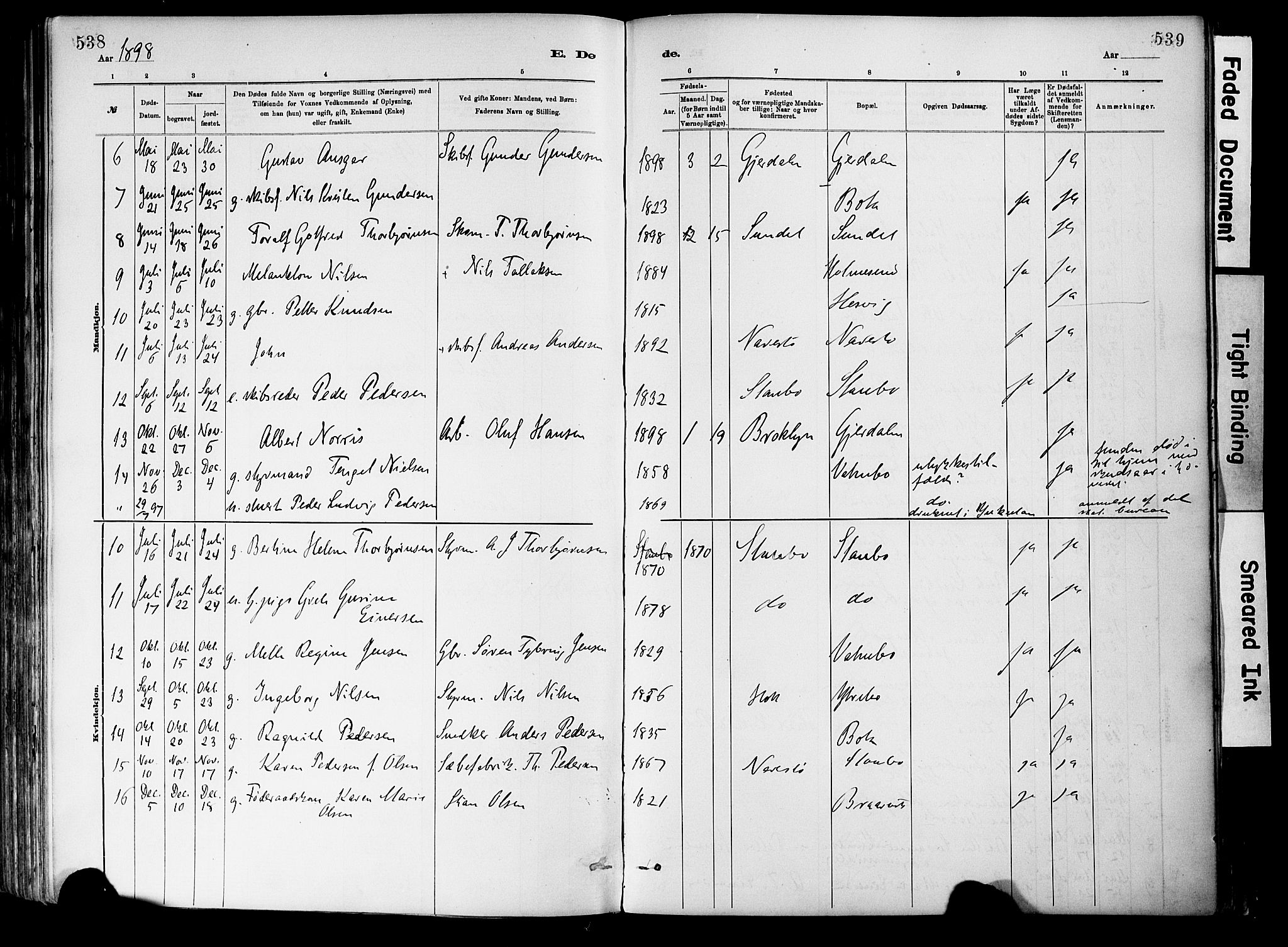 Dypvåg sokneprestkontor, AV/SAK-1111-0007/F/Fa/Fab/L0001: Parish register (official) no. A 1, 1885-1912, p. 538-539