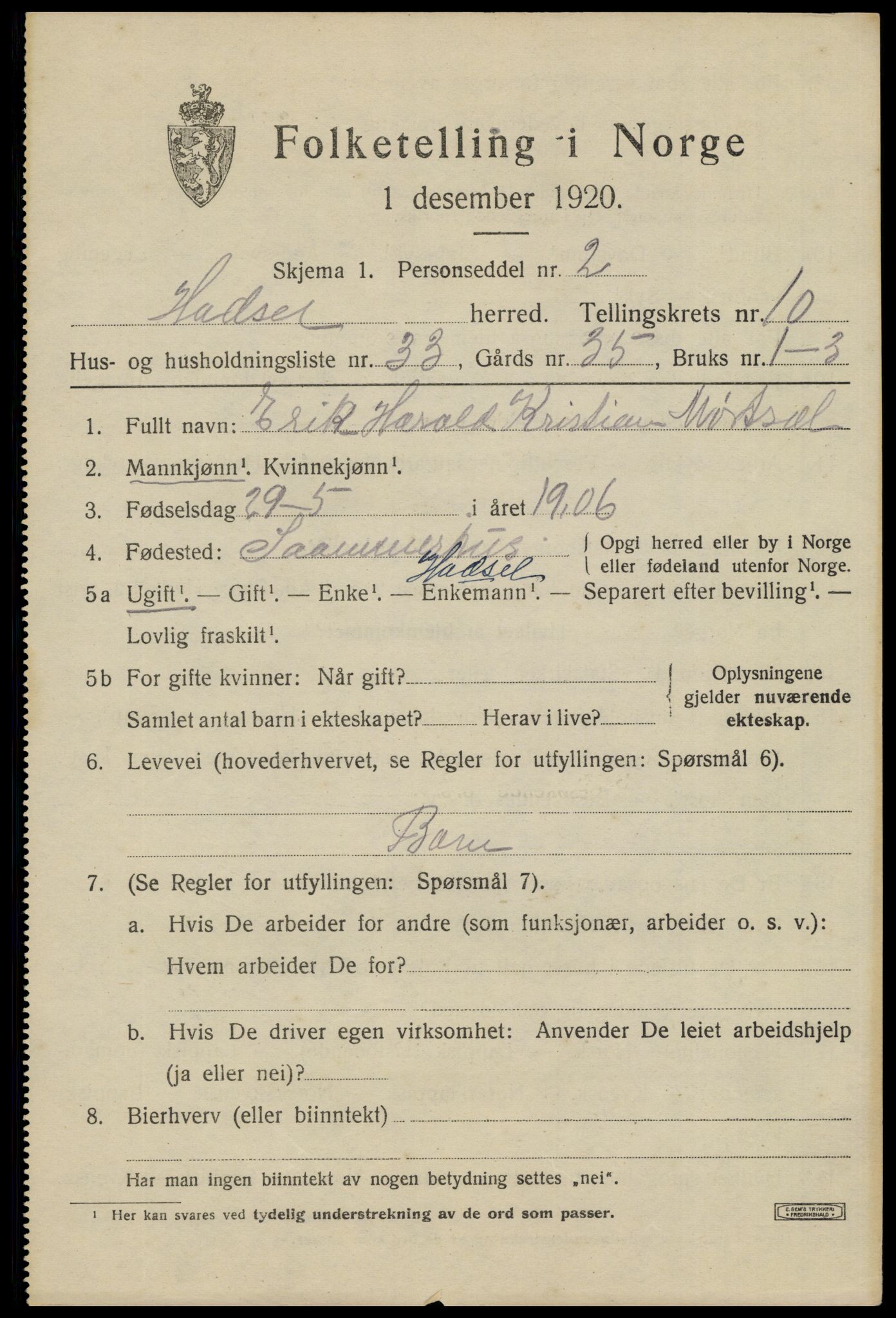 SAT, 1920 census for Hadsel, 1920, p. 8504