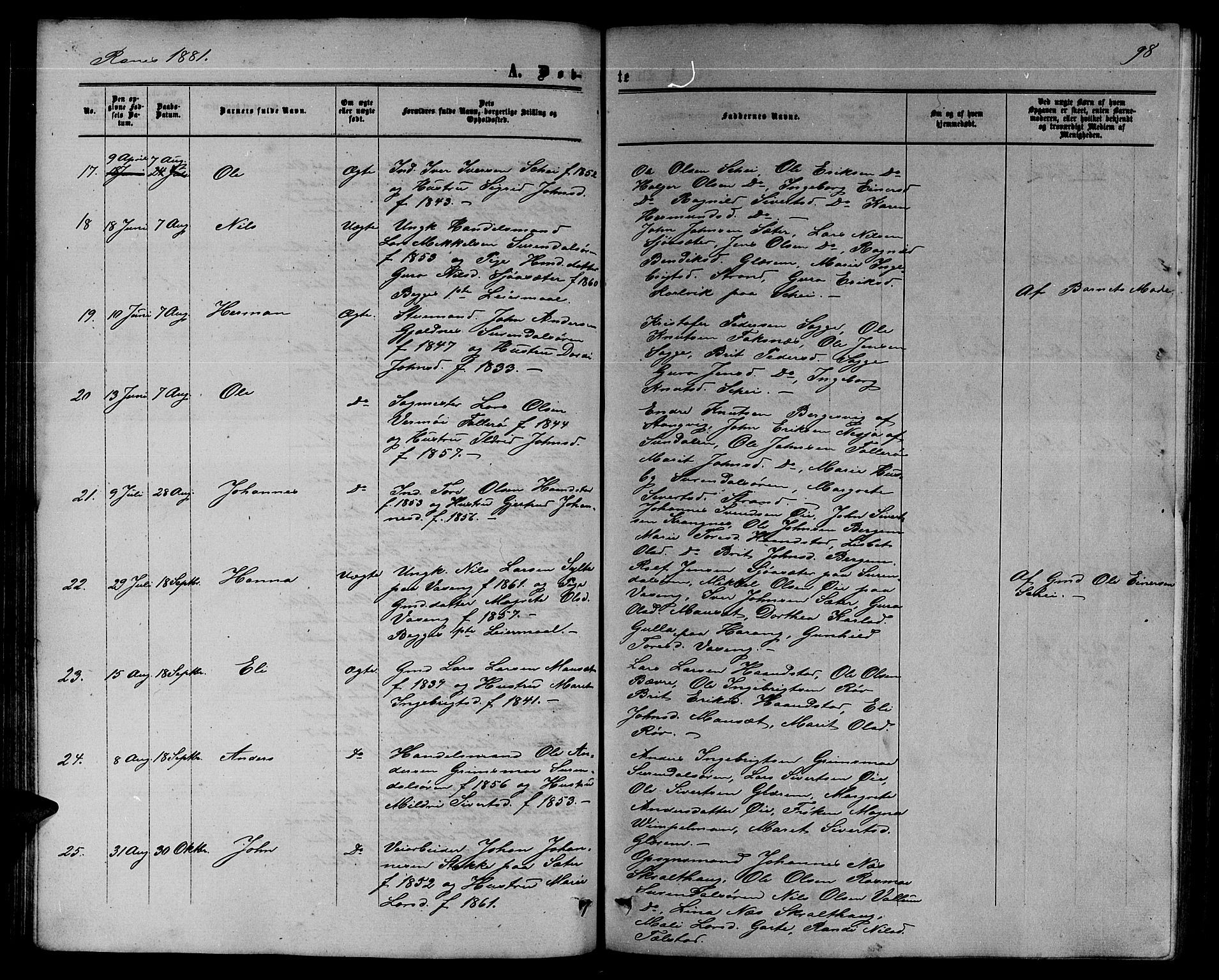 Ministerialprotokoller, klokkerbøker og fødselsregistre - Møre og Romsdal, AV/SAT-A-1454/595/L1051: Parish register (copy) no. 595C03, 1866-1891, p. 98