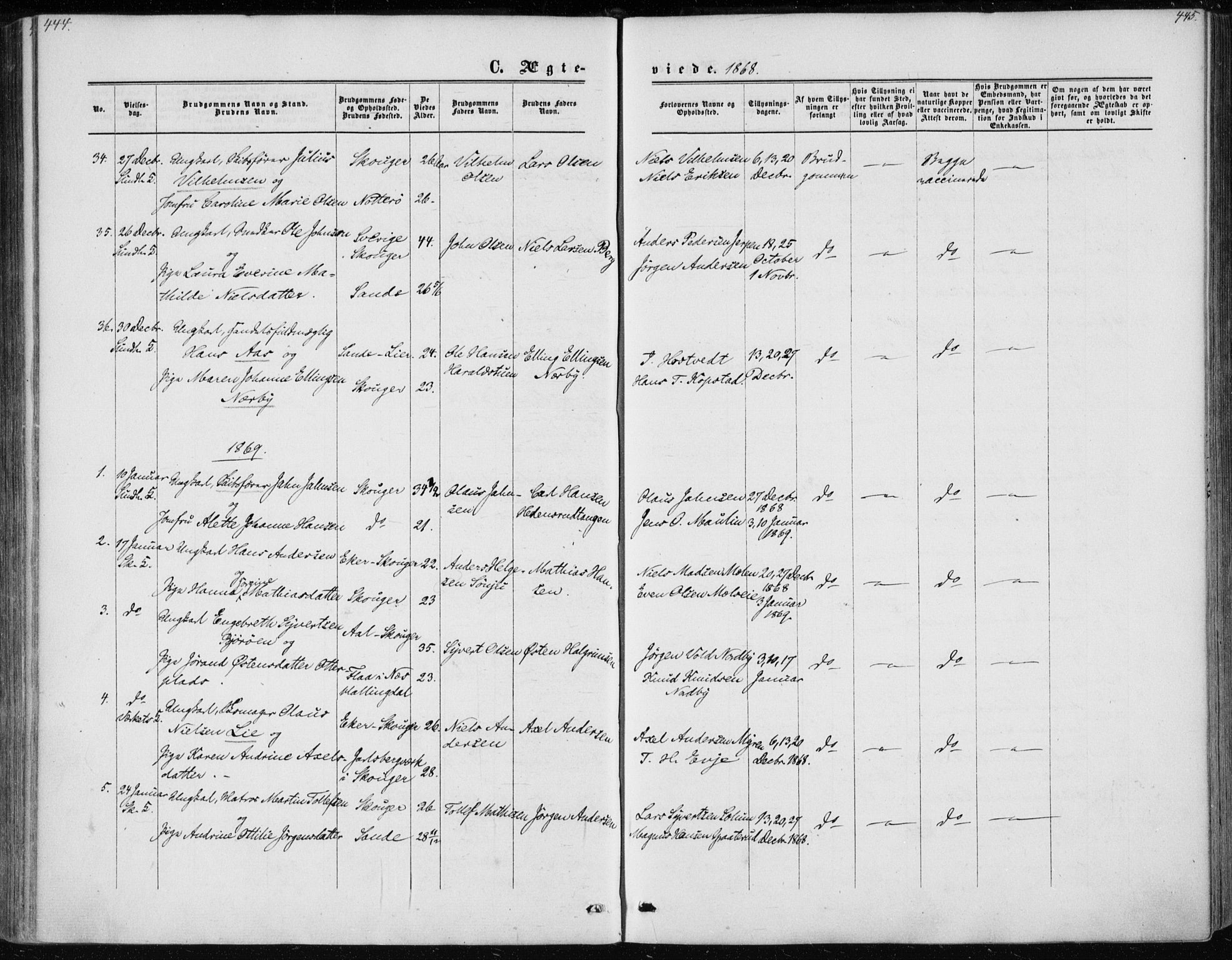 Skoger kirkebøker, SAKO/A-59/F/Fa/L0004: Parish register (official) no. I 4, 1862-1872, p. 444-445
