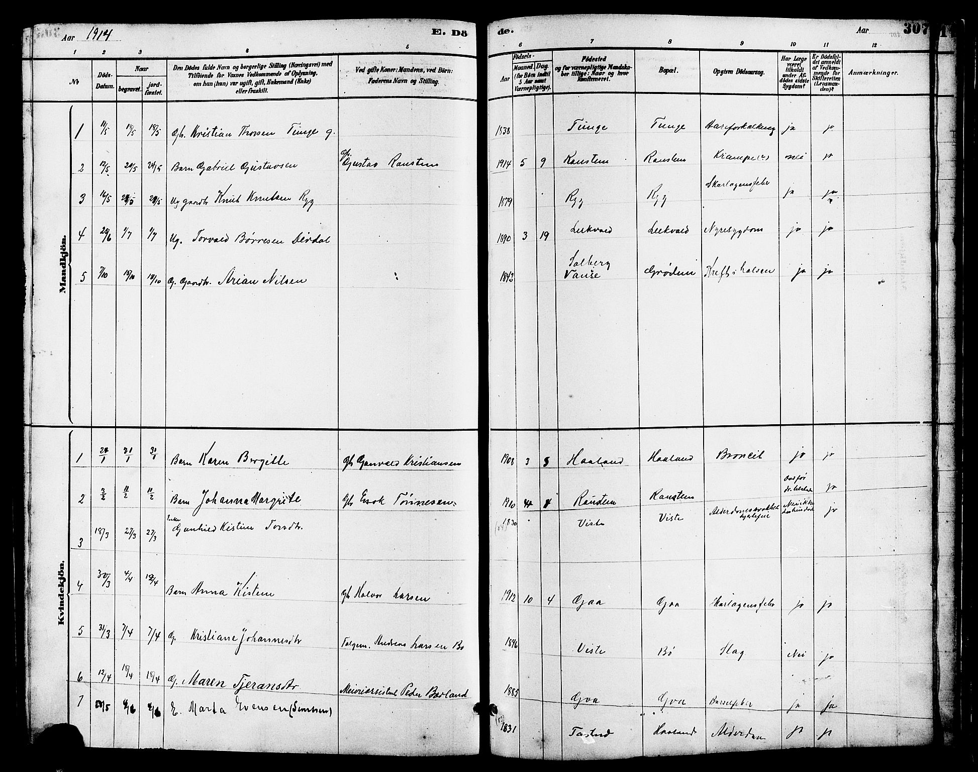 Hetland sokneprestkontor, SAST/A-101826/30/30BB/L0006: Parish register (copy) no. B 6, 1878-1921, p. 307