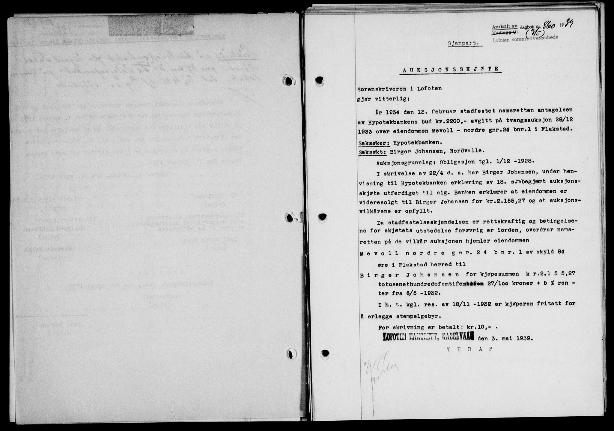 Lofoten sorenskriveri, SAT/A-0017/1/2/2C/L0005a: Mortgage book no. 5a, 1939-1939, Diary no: : 860/1939