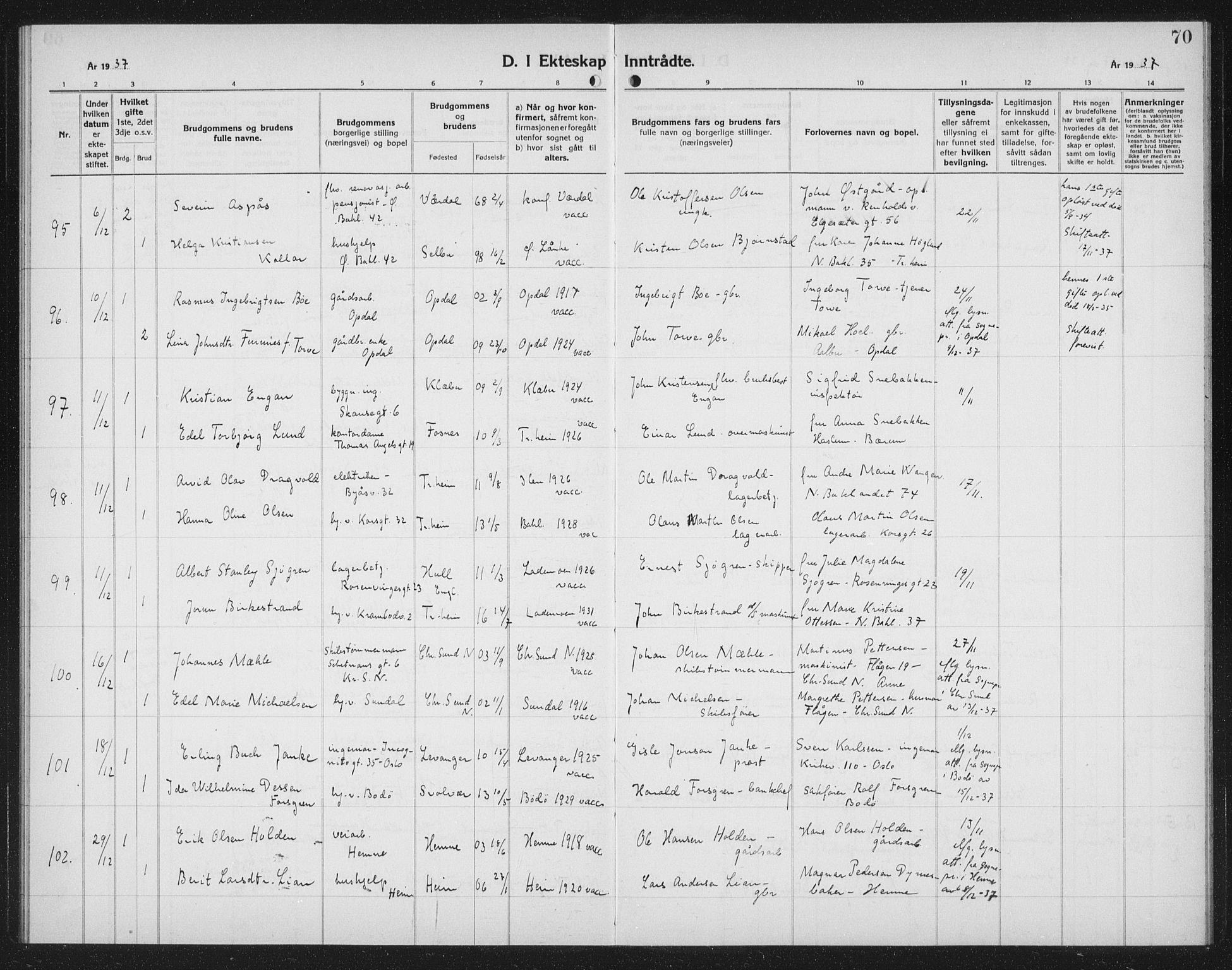 Ministerialprotokoller, klokkerbøker og fødselsregistre - Sør-Trøndelag, AV/SAT-A-1456/602/L0152: Parish register (copy) no. 602C20, 1933-1940, p. 70