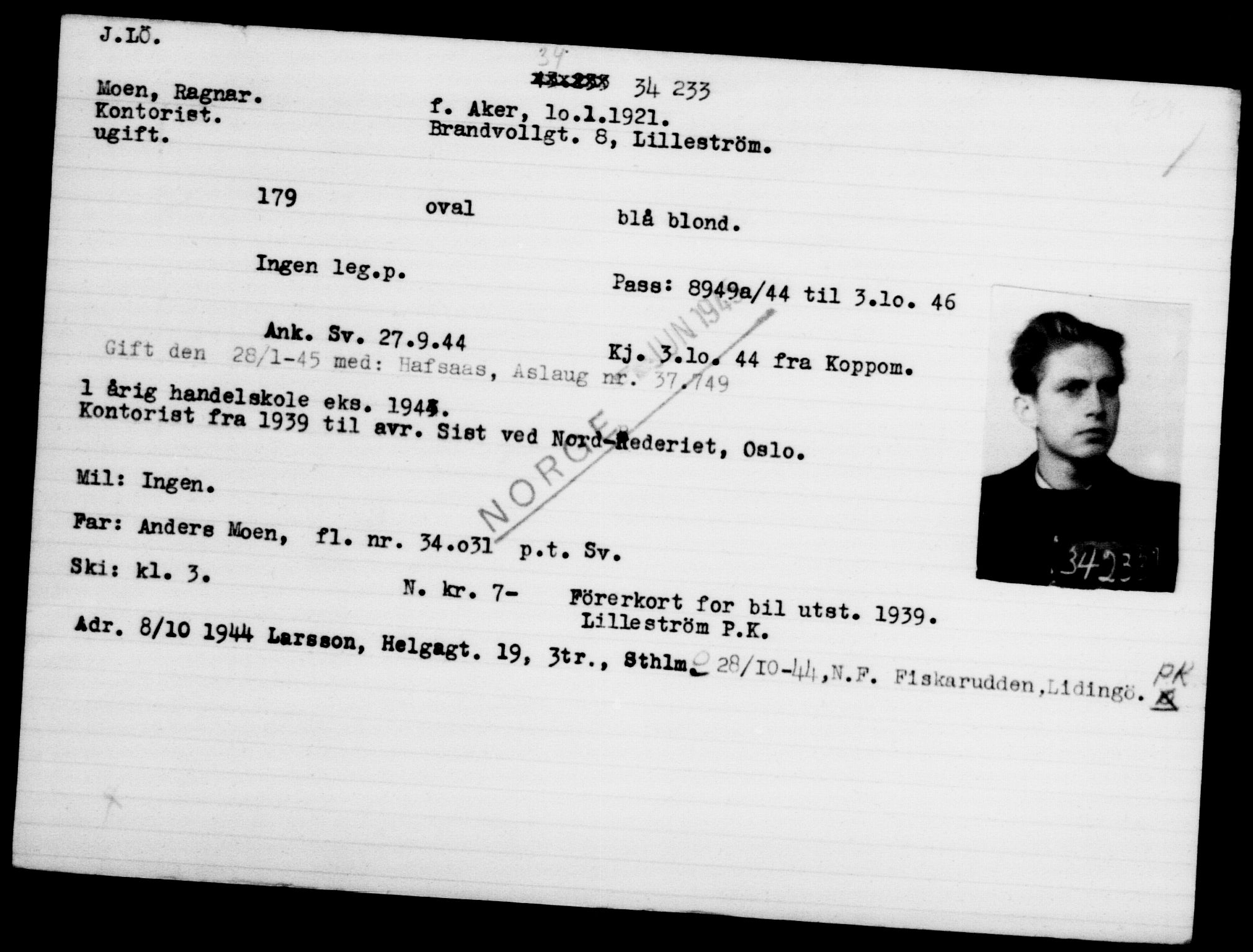 Utenriksstasjonene, Legasjonen i Stockholm, Flyktningkontoret, AV/RA-S-6753/V/Va/L0013: Kjesäterkartoteket, flyktninger med registreringsnr. 31500-34731, 1940-1945, p. 2885