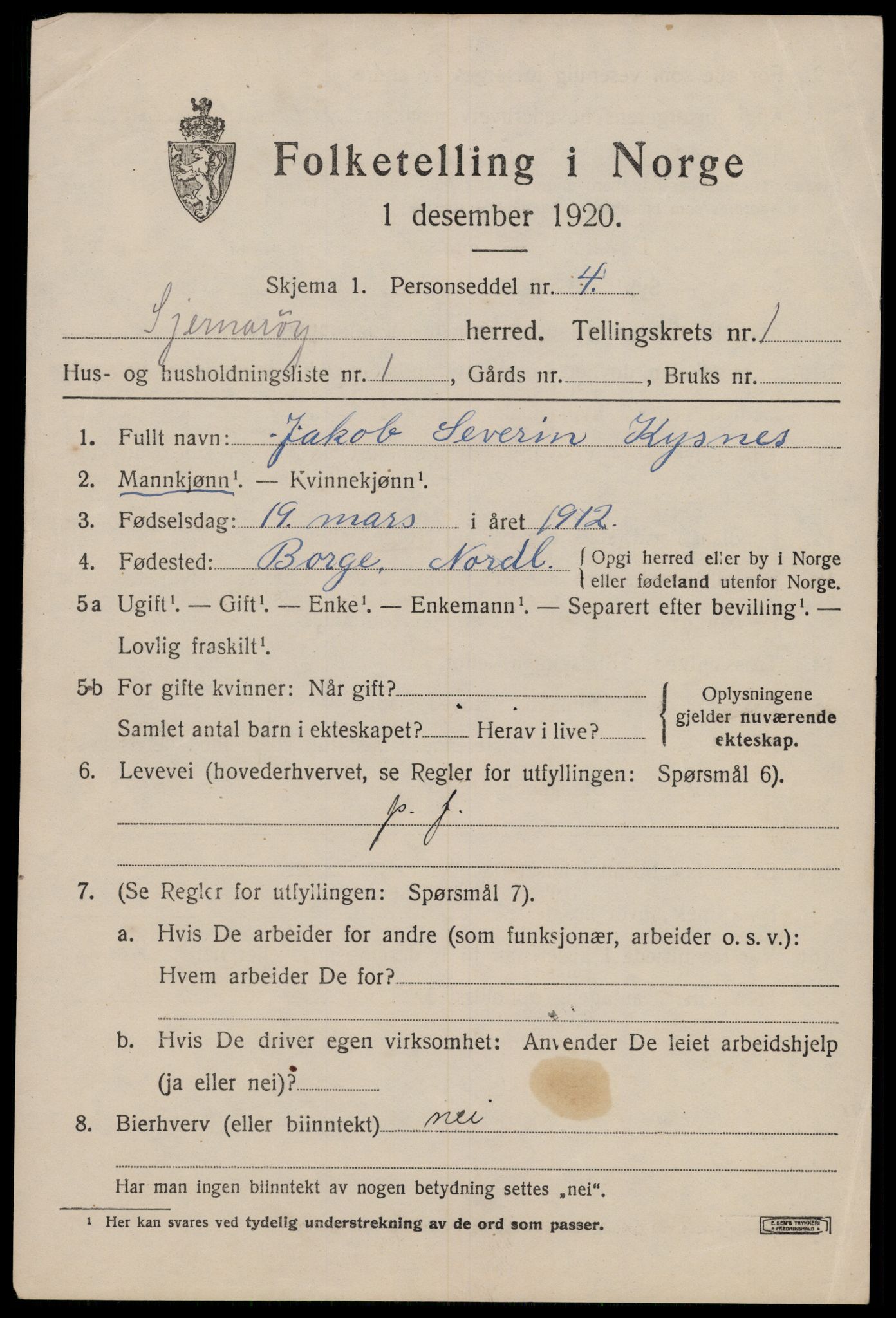 SAST, 1920 census for Sjernarøy, 1920, p. 410