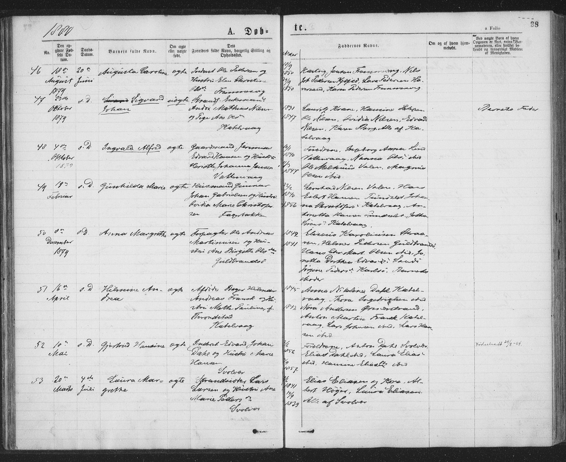 Ministerialprotokoller, klokkerbøker og fødselsregistre - Nordland, AV/SAT-A-1459/874/L1058: Parish register (official) no. 874A02, 1878-1883, p. 38