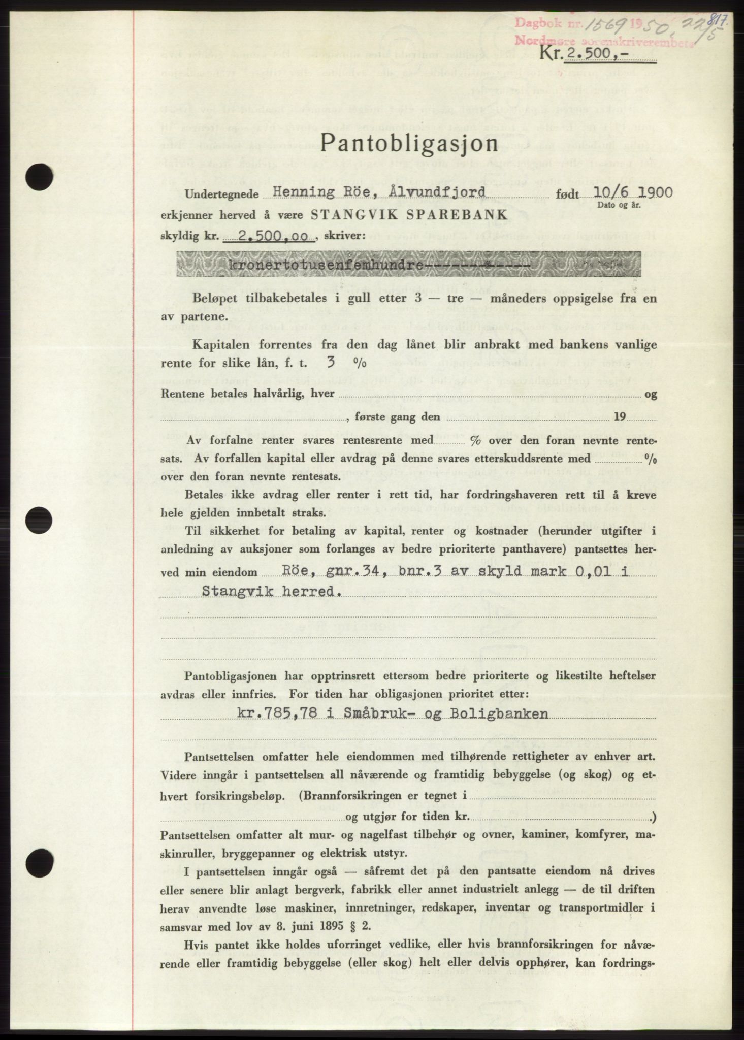 Nordmøre sorenskriveri, AV/SAT-A-4132/1/2/2Ca: Mortgage book no. B104, 1950-1950, Diary no: : 1569/1950