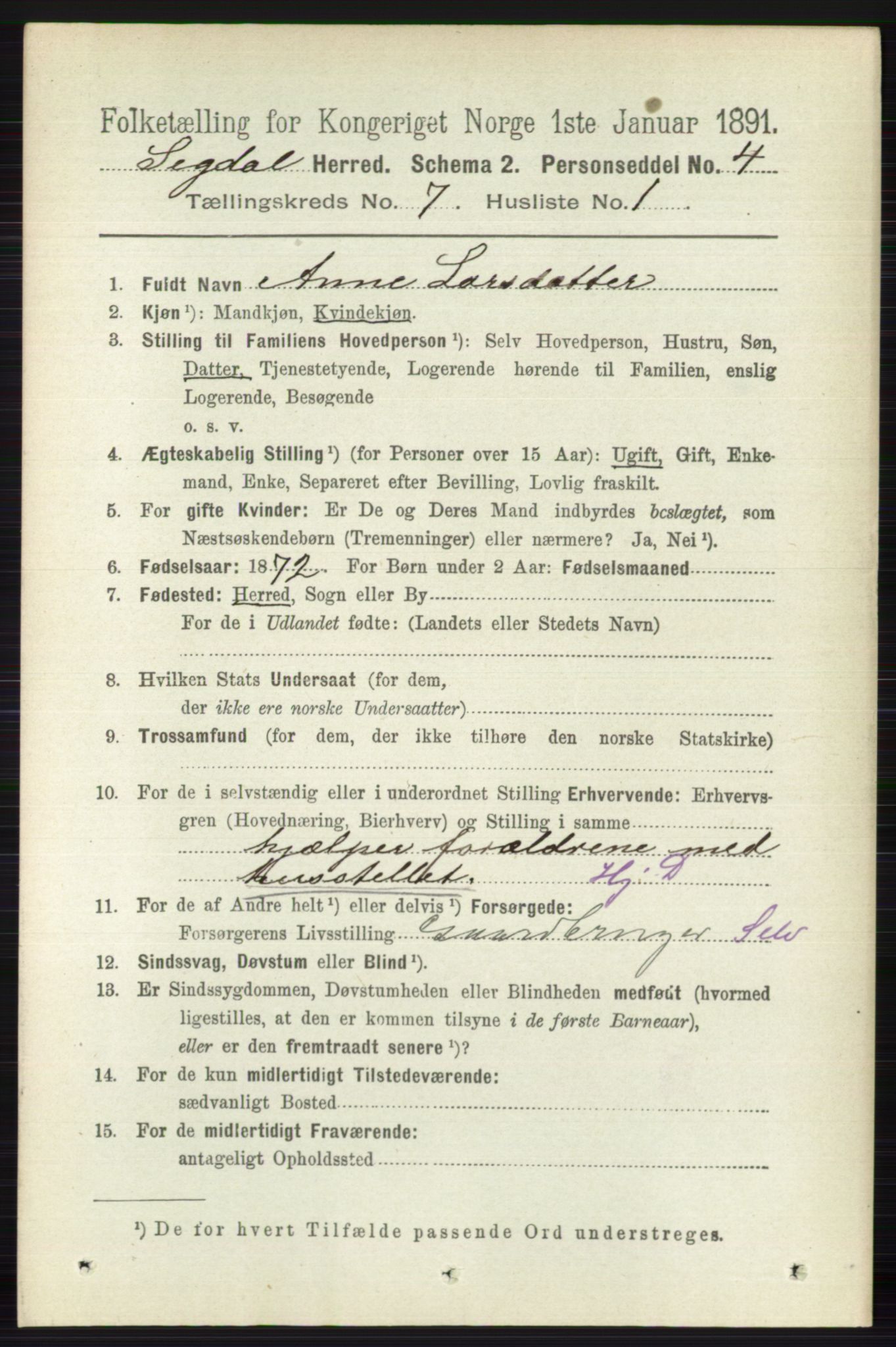 RA, 1891 census for 0621 Sigdal, 1891, p. 2720