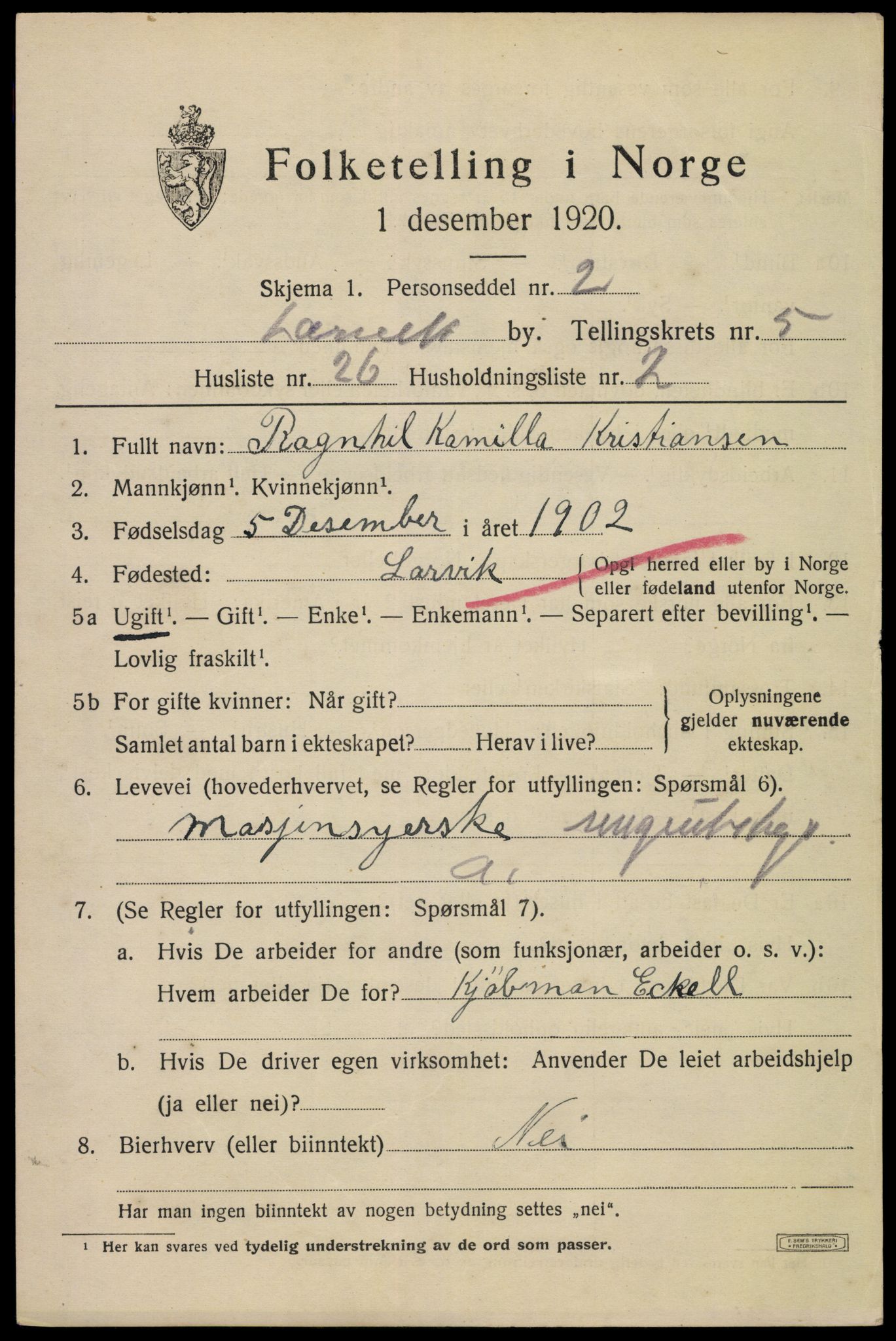 SAKO, 1920 census for Larvik, 1920, p. 16540