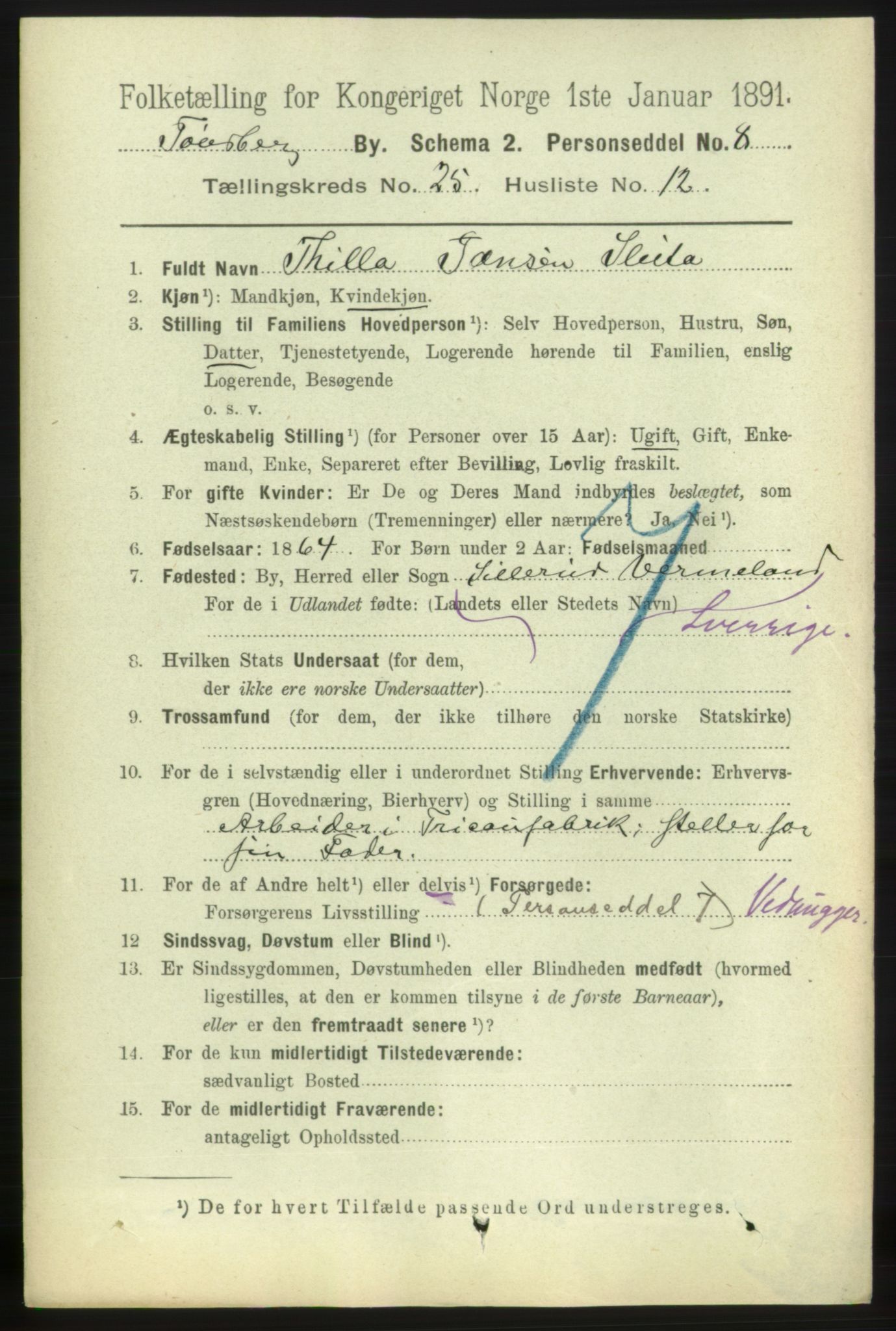 RA, 1891 census for 0705 Tønsberg, 1891, p. 6643