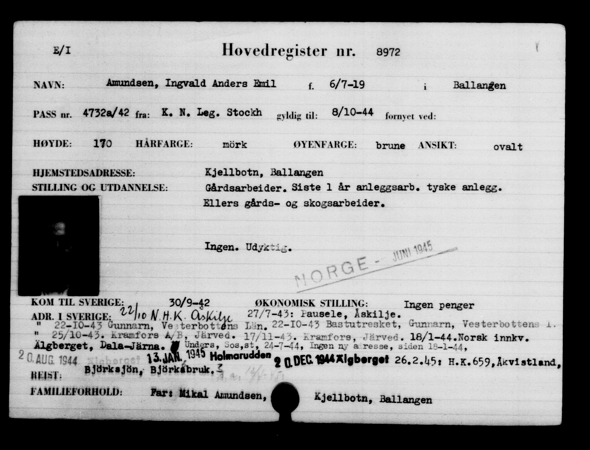 Utenriksstasjonene, Legasjonen i Stockholm, Flyktningkontoret, AV/RA-S-6753/V/Va/L0005: Kjesäterkartoteket, flyktninger med registreringsnr. 6600-9417, 1940-1945, p. 2788