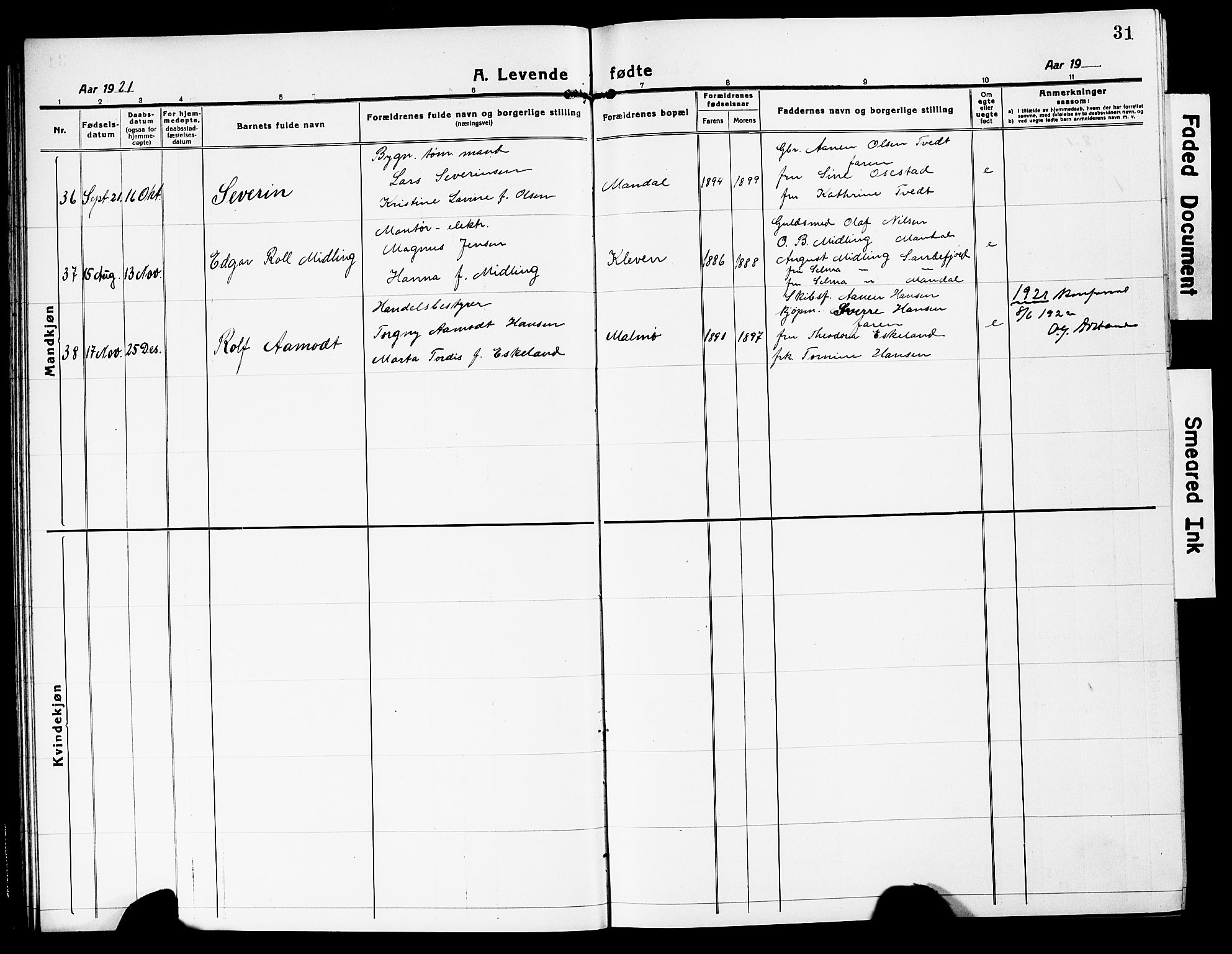 Mandal sokneprestkontor, AV/SAK-1111-0030/F/Fb/Fbc/L0001: Parish register (copy) no. B 1, 1918-1931, p. 31