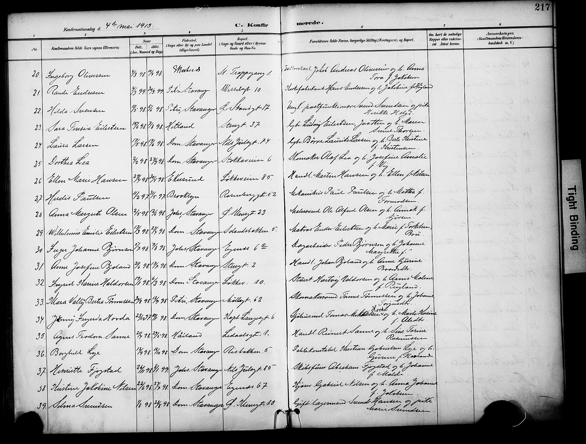 Domkirken sokneprestkontor, AV/SAST-A-101812/001/30/30BA/L0031: Parish register (official) no. A 30, 1896-1916, p. 217