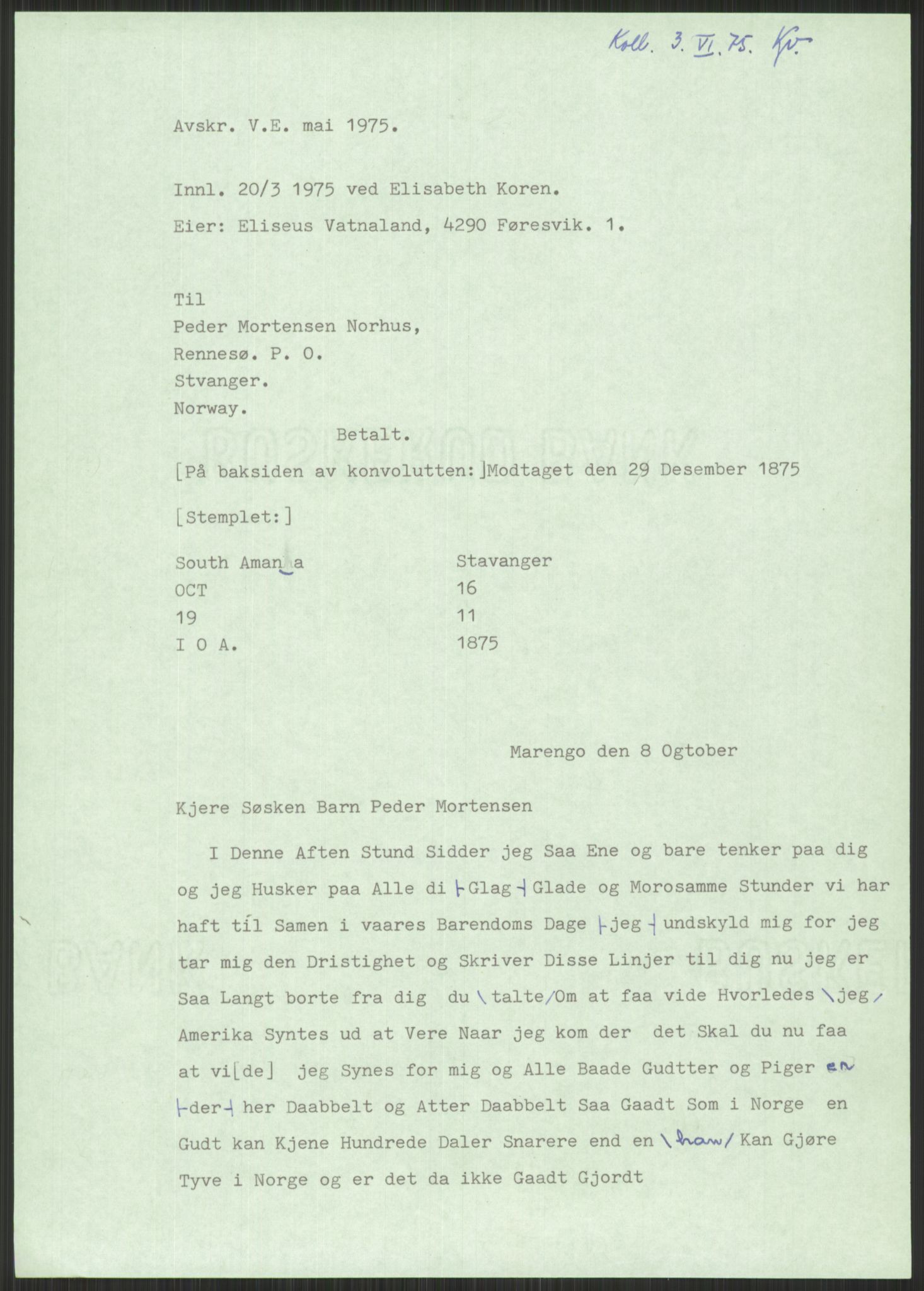 Samlinger til kildeutgivelse, Amerikabrevene, AV/RA-EA-4057/F/L0030: Innlån fra Rogaland: Vatnaland - Øverland, 1838-1914, p. 5