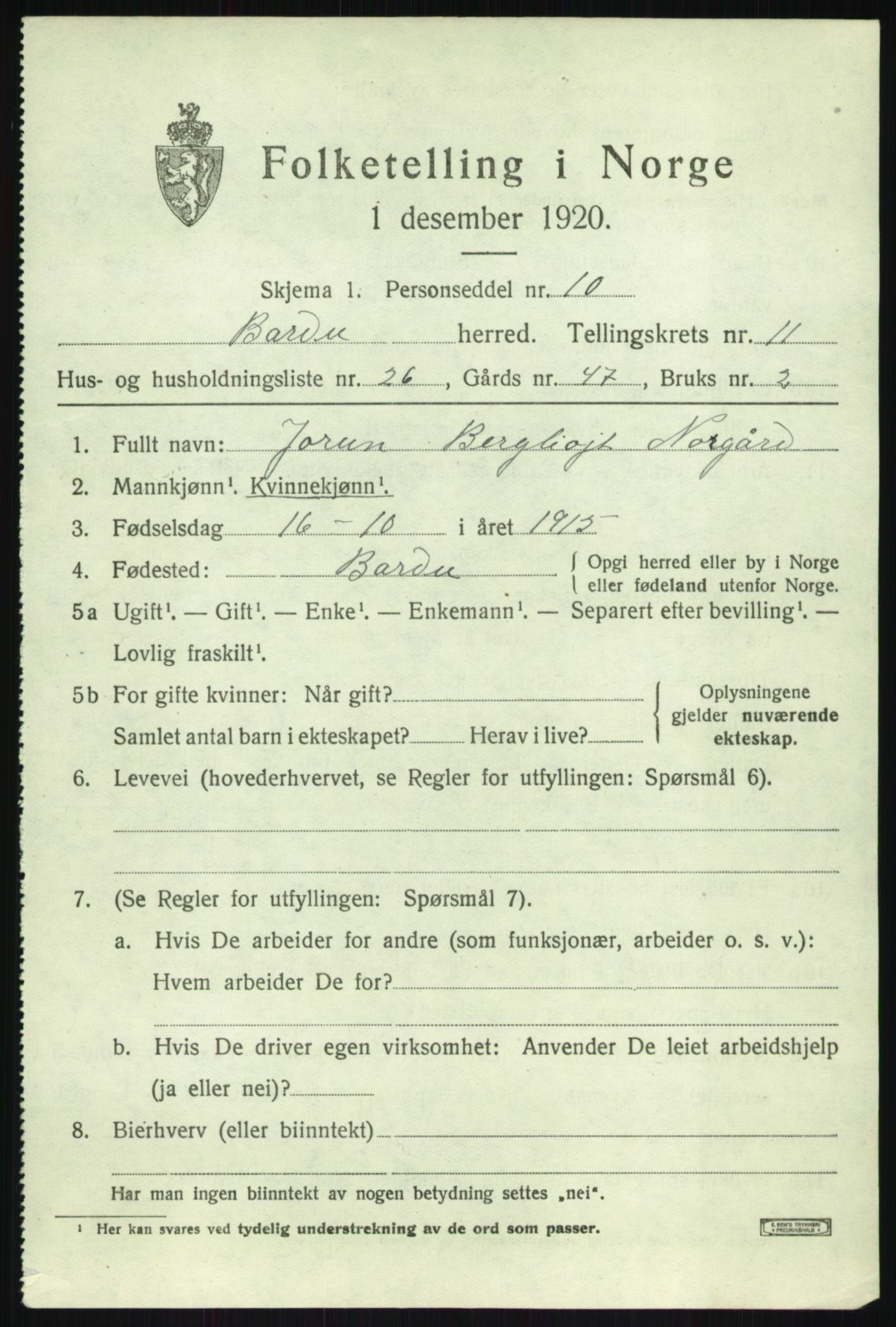 SATØ, 1920 census for Bardu, 1920, p. 3844