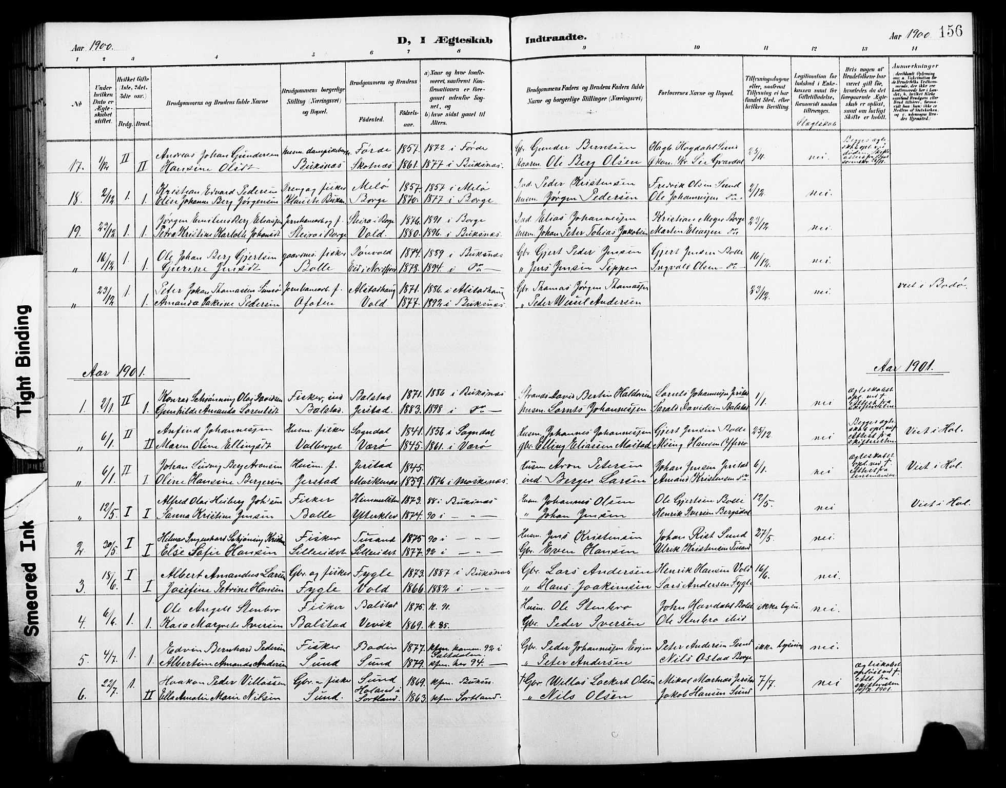 Ministerialprotokoller, klokkerbøker og fødselsregistre - Nordland, AV/SAT-A-1459/881/L1168: Parish register (copy) no. 881C05, 1900-1911, p. 156