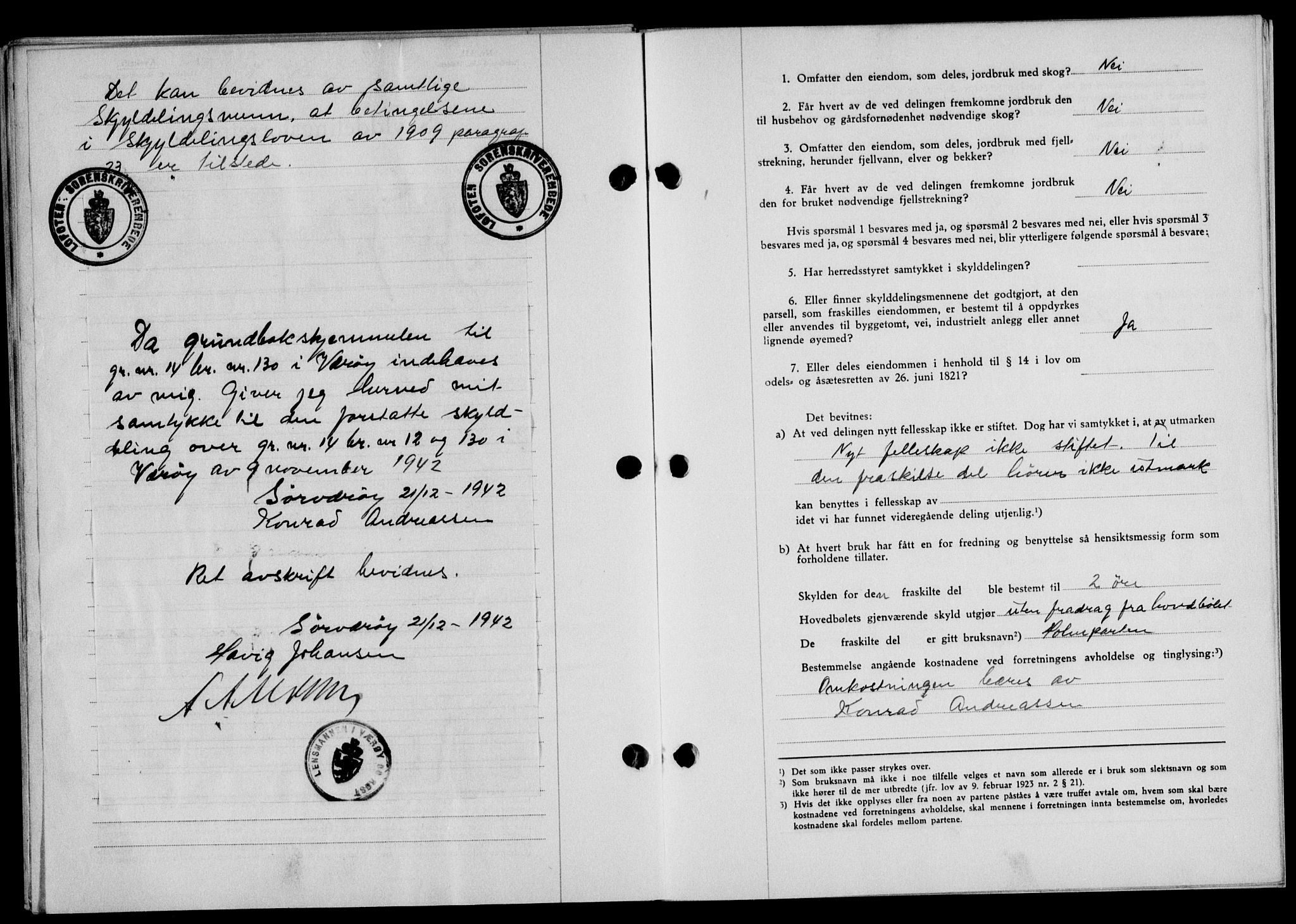 Lofoten sorenskriveri, SAT/A-0017/1/2/2C/L0010a: Mortgage book no. 10a, 1942-1943, Diary no: : 2108/1942