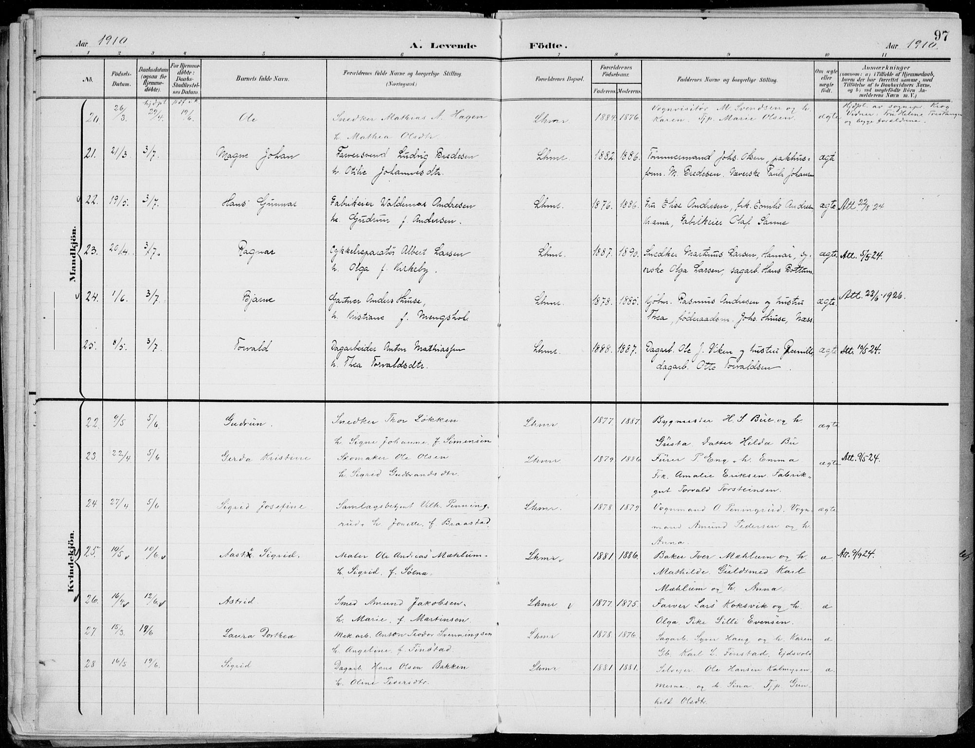 Lillehammer prestekontor, AV/SAH-PREST-088/H/Ha/Haa/L0001: Parish register (official) no. 1, 1901-1916, p. 97