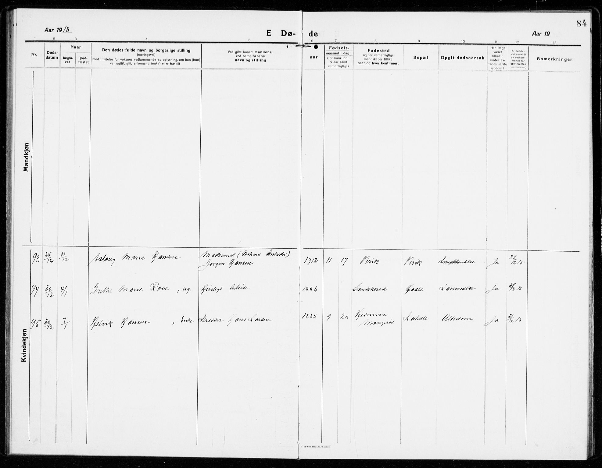 Sandar kirkebøker, SAKO/A-243/F/Fa/L0020: Parish register (official) no. 20, 1915-1919, p. 84