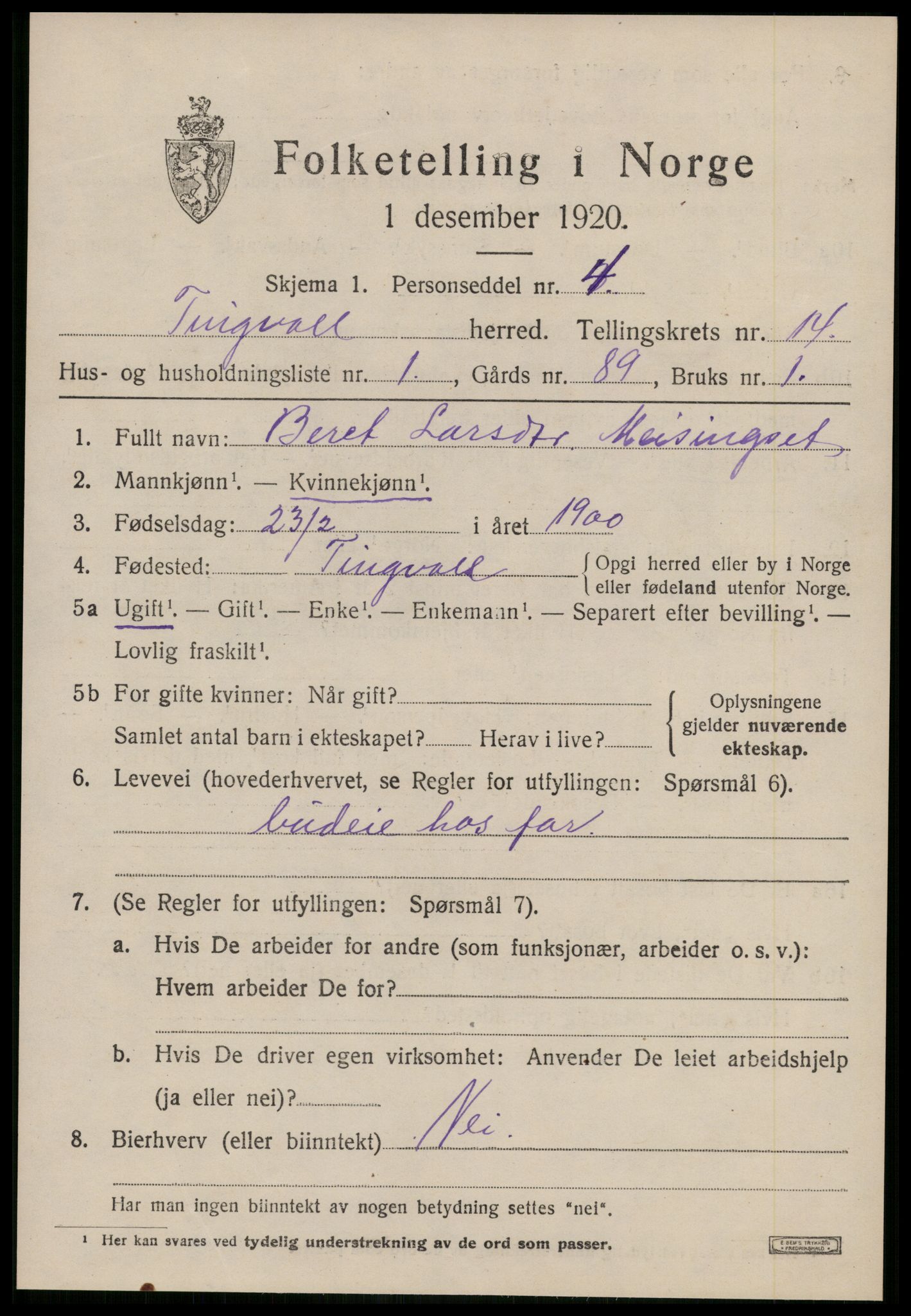 SAT, 1920 census for Tingvoll, 1920, p. 6982