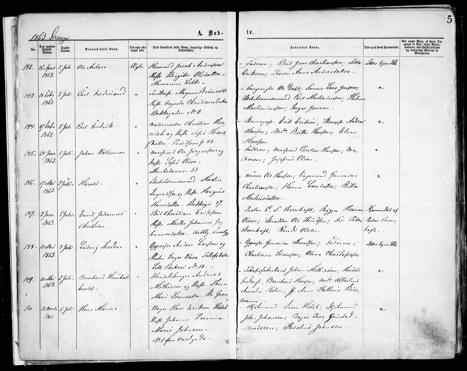 Trefoldighet prestekontor Kirkebøker, SAO/A-10882/F/Fa/L0002: Parish register (official) no. I 2, 1863-1870, p. 5