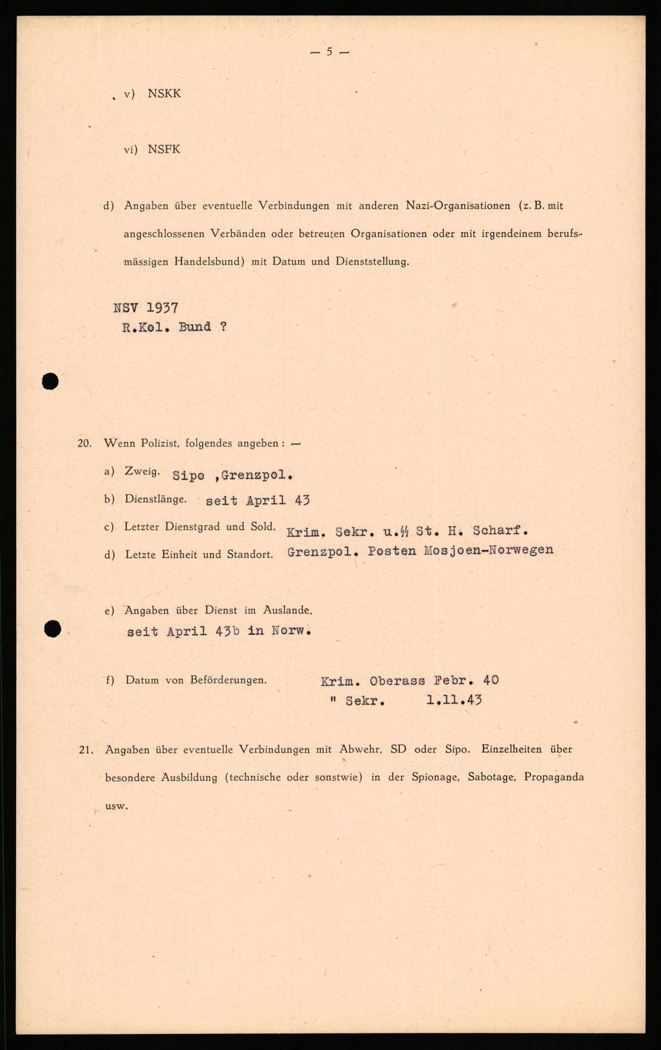 Forsvaret, Forsvarets overkommando II, AV/RA-RAFA-3915/D/Db/L0037: CI Questionaires. Tyske okkupasjonsstyrker i Norge. Tyskere., 1945-1946, p. 437