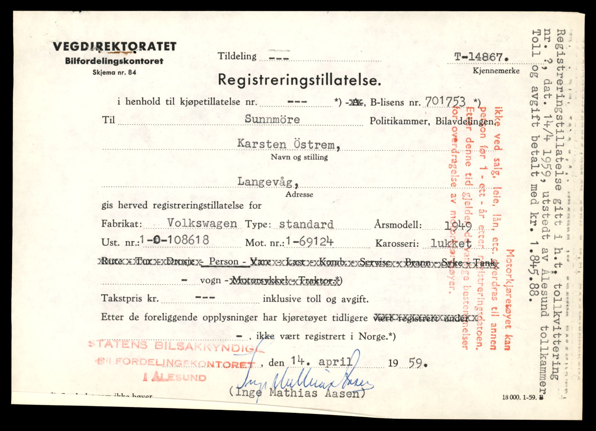 Møre og Romsdal vegkontor - Ålesund trafikkstasjon, AV/SAT-A-4099/F/Fe/L0049: Registreringskort for kjøretøy T 14864 - T 18613, 1927-1998, p. 71
