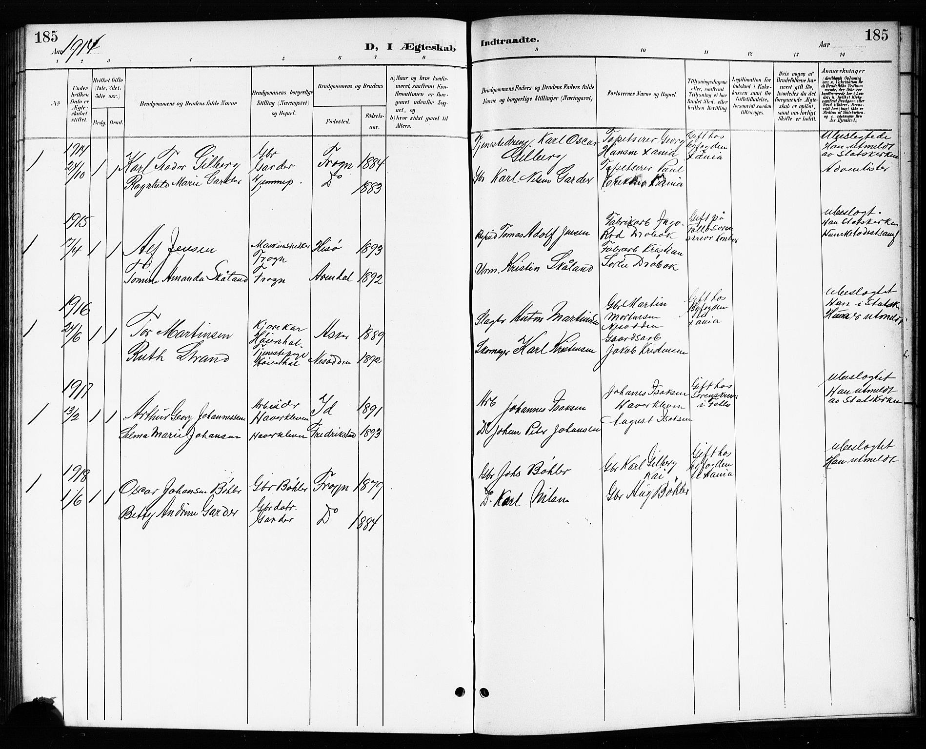 Drøbak prestekontor Kirkebøker, AV/SAO-A-10142a/G/Gb/L0001: Parish register (copy) no. II 1, 1901-1919, p. 185