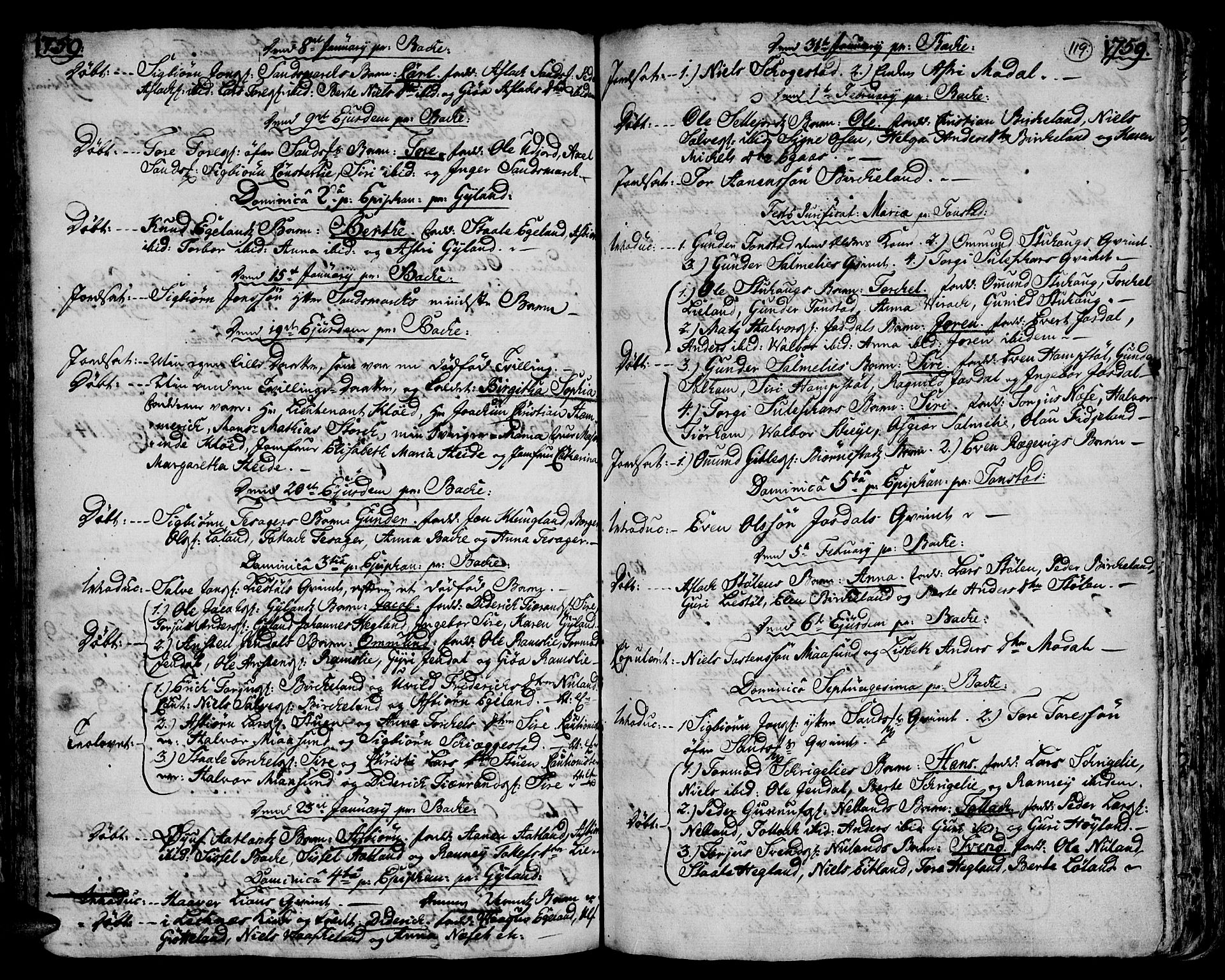 Bakke sokneprestkontor, AV/SAK-1111-0002/F/Fa/Faa/L0001: Parish register (official) no. A 1, 1741-1780, p. 119