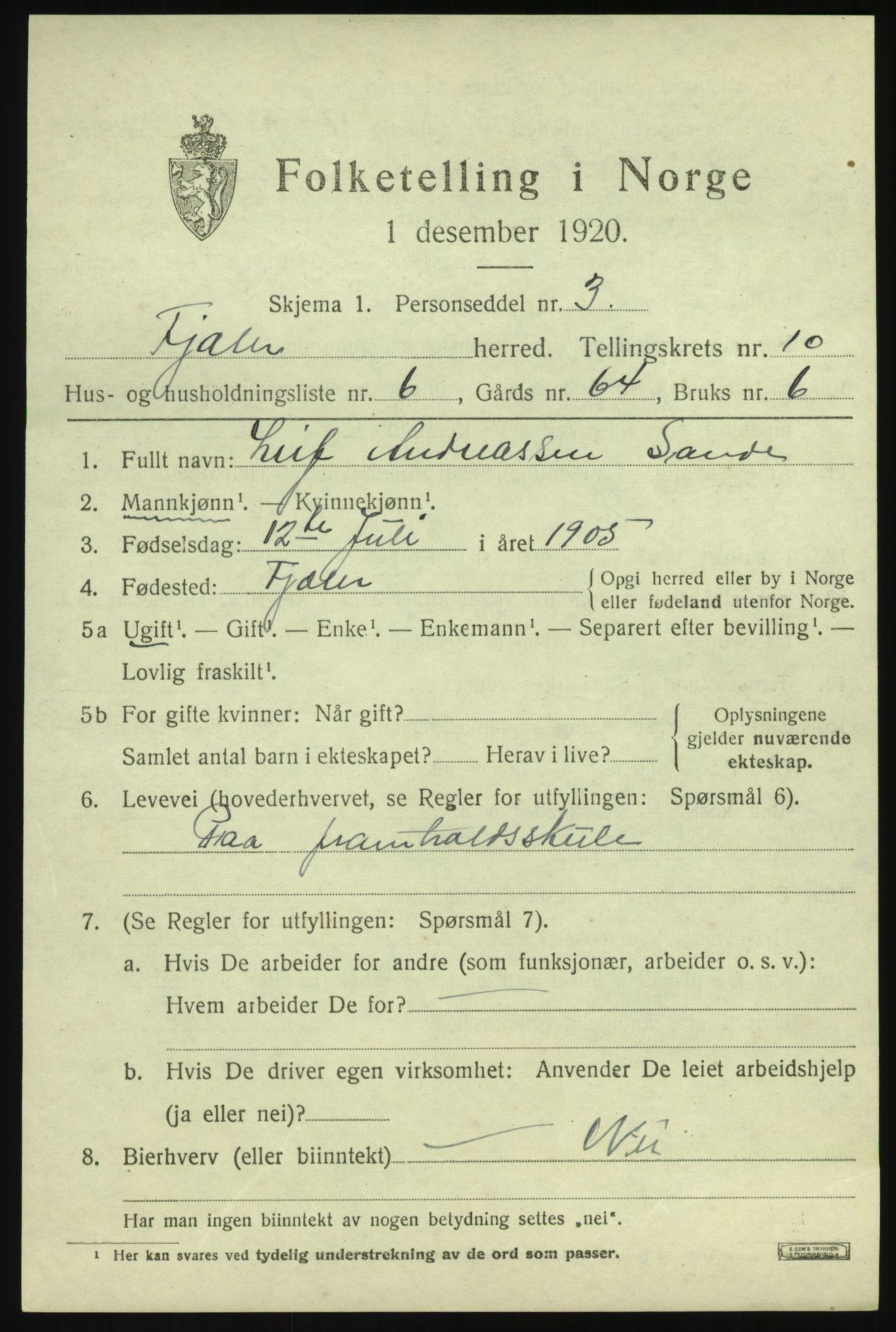 SAB, 1920 census for Fjaler, 1920, p. 5037