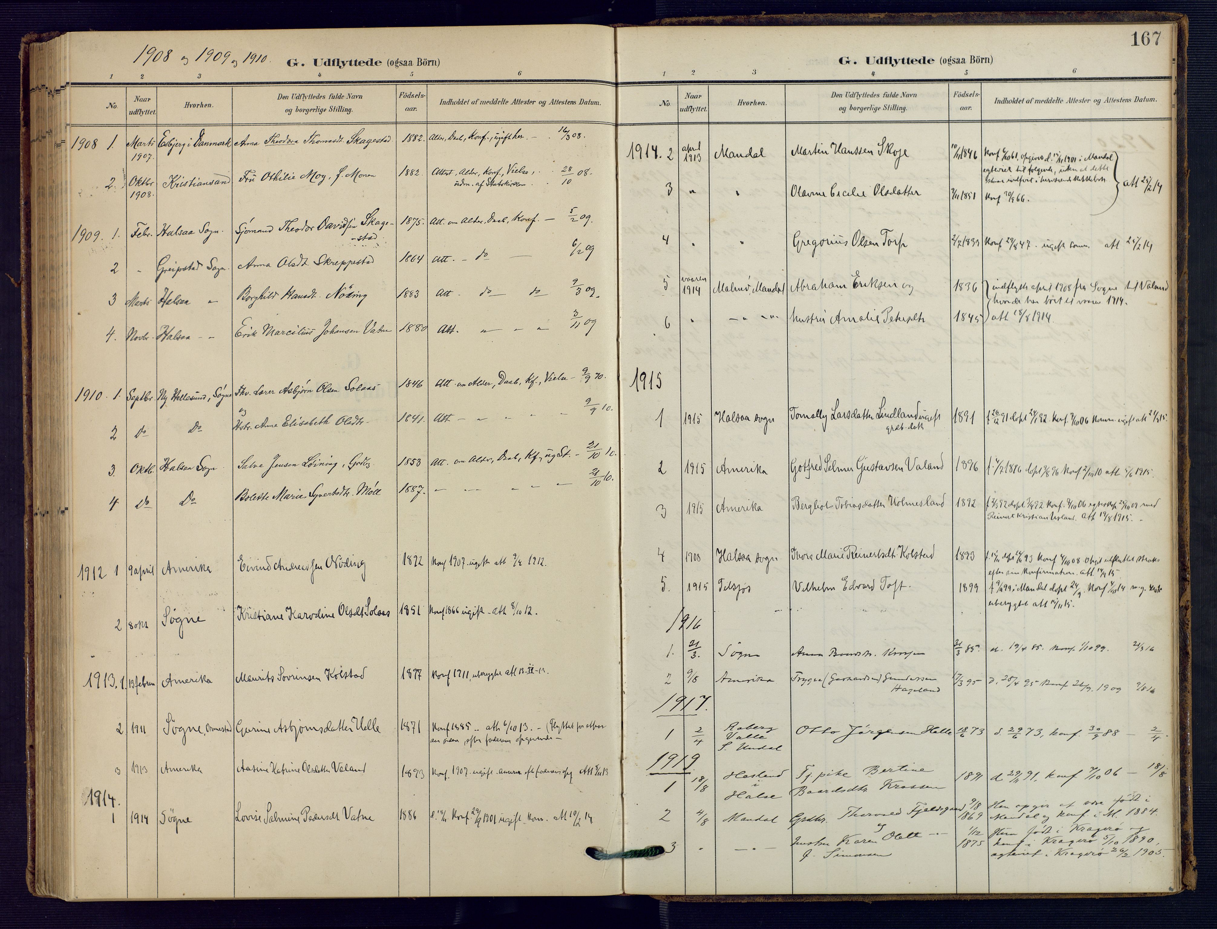 Holum sokneprestkontor, SAK/1111-0022/F/Fa/Faa/L0008: Parish register (official) no. A 8, 1908-1929, p. 167